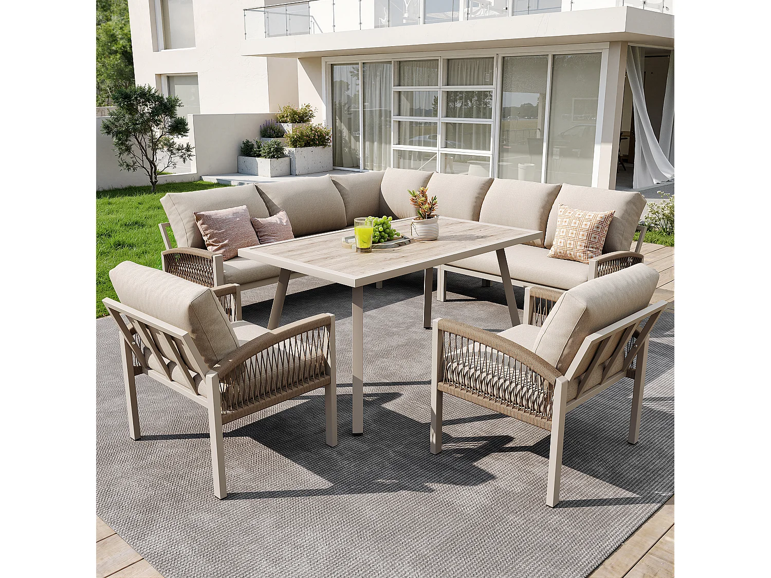 Garden furniture set for 8 people, rope detailing, 1 table with wood grain finish, galvanized iron, corner sofa - 2 armchairs, Beige