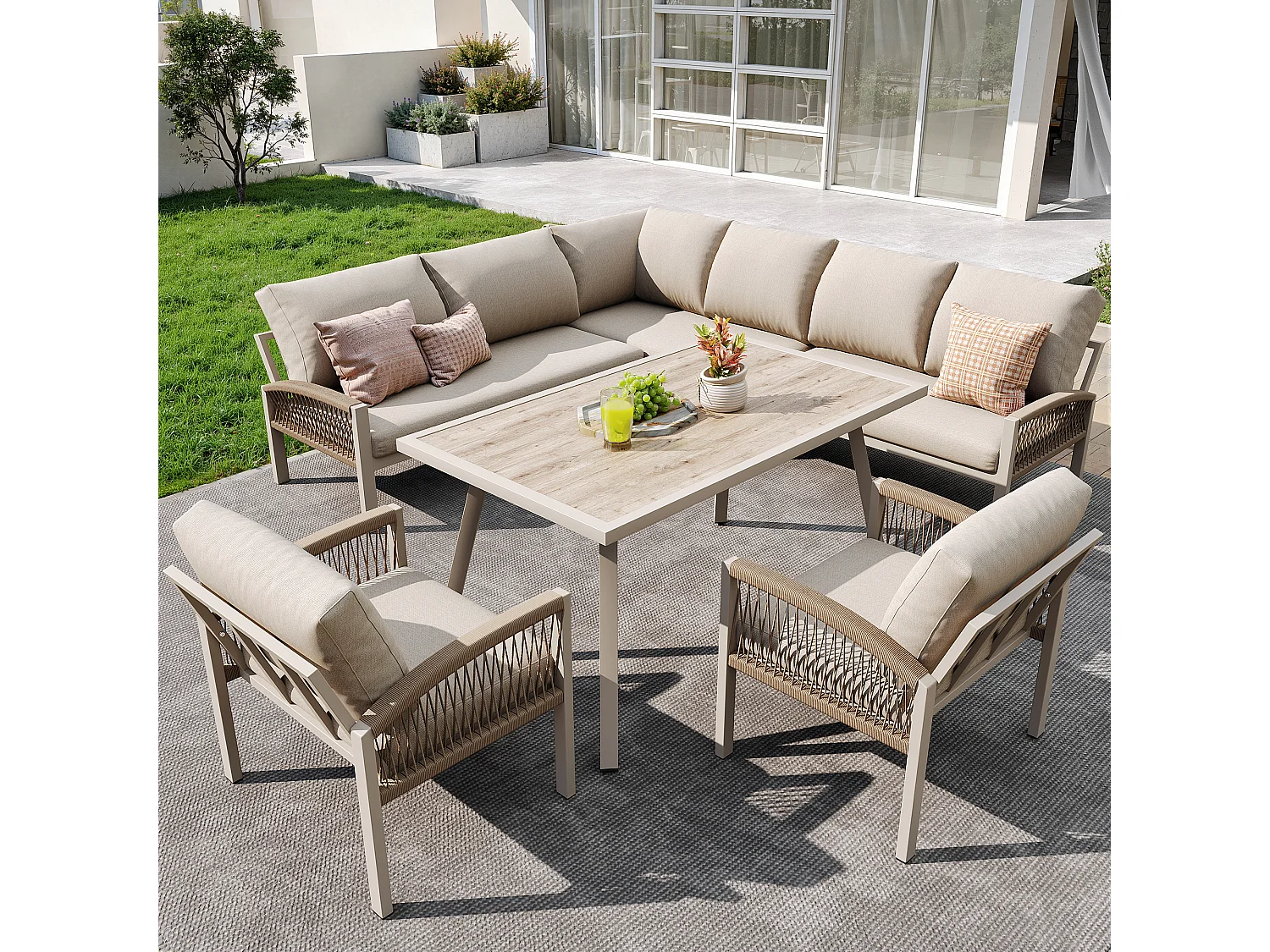 Garden furniture set for 8 people, rope detailing, 1 table with wood grain finish, galvanized iron, corner sofa - 2 armchairs, Beige