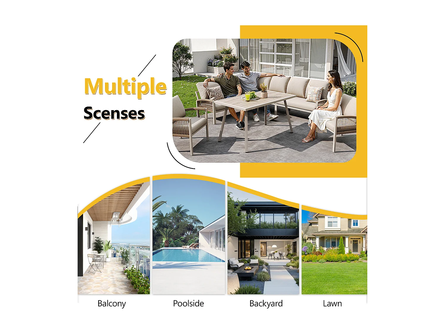 Garden furniture set for 8 people, rope detailing, 1 table with wood grain finish, galvanized iron, corner sofa - 2 armchairs, Beige