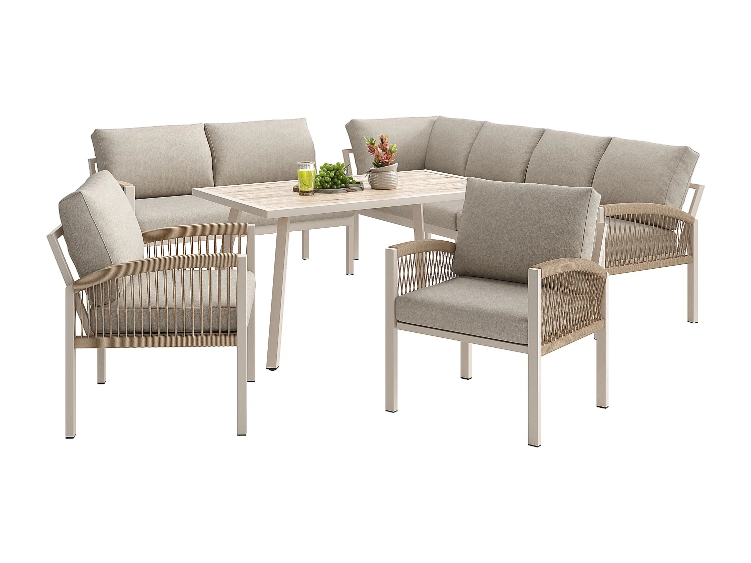 Garden furniture set for 8 people, rope detailing, 1 table with wood grain finish, galvanized iron, corner sofa - 2 armchairs, Beige