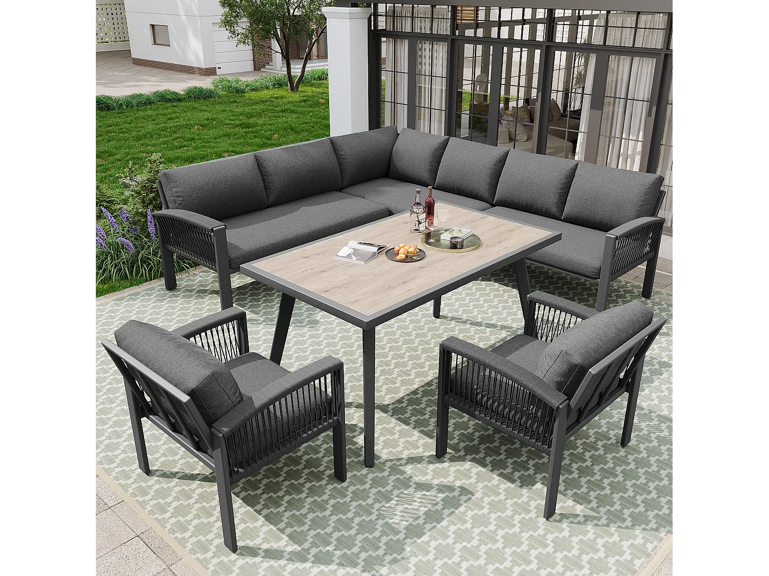 8-Seater Garden Dining Set, Rope, 1 Table with Wood Grain Finish, Galvanized Iron, Corner Sofa - 2 Armchairs, Gray