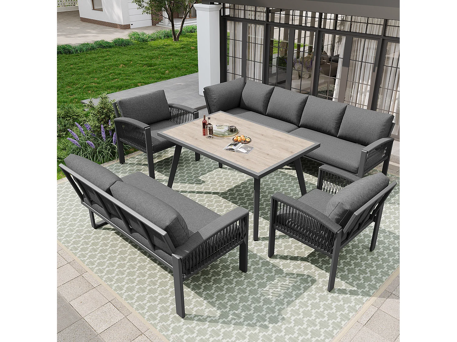 8-Seater Garden Dining Set, Rope, 1 Table with Wood Grain Finish, Galvanized Iron, Corner Sofa - 2 Armchairs, Gray