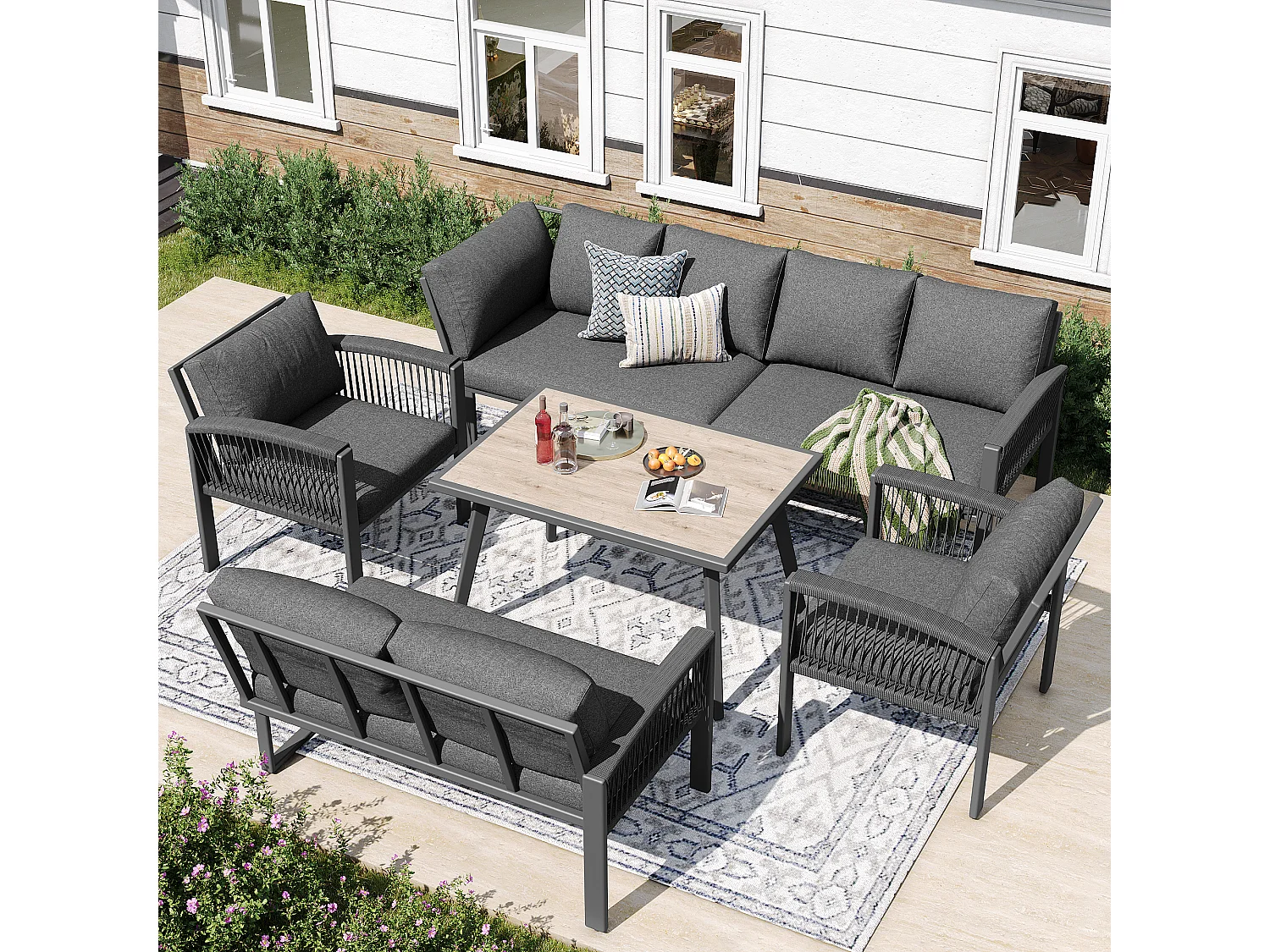 8-Seater Garden Dining Set, Rope, 1 Table with Wood Grain Finish, Galvanized Iron, Corner Sofa - 2 Armchairs, Gray
