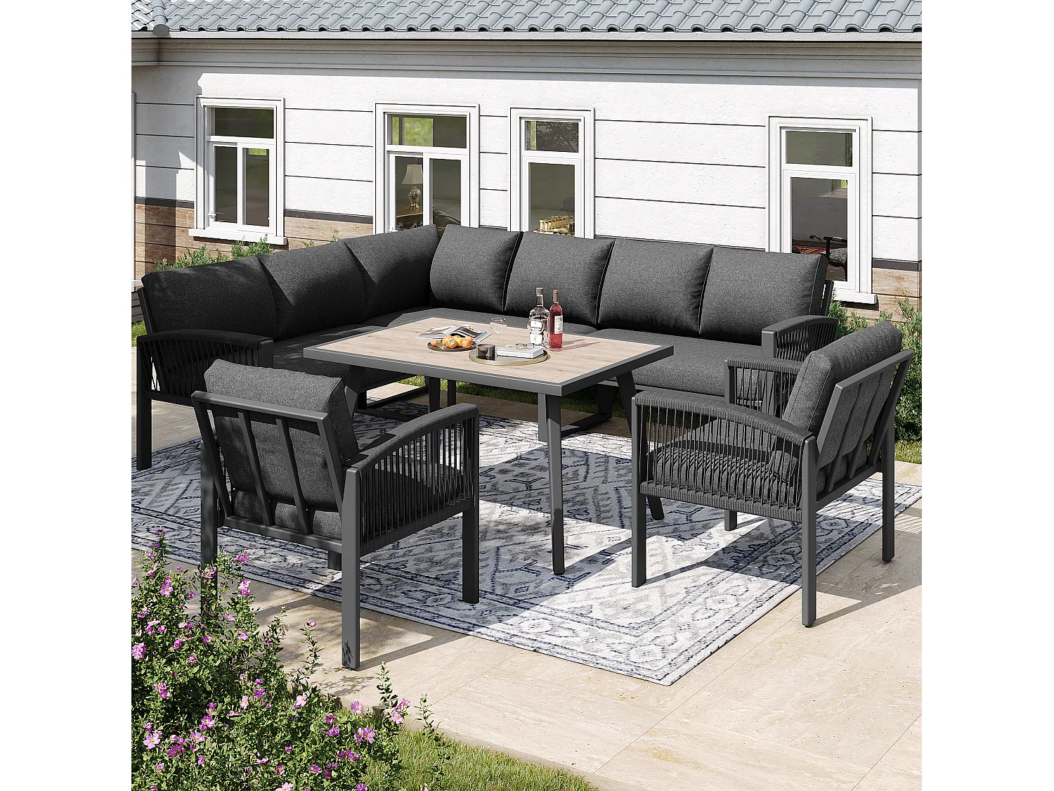 8-Seater Garden Dining Set, Rope, 1 Table with Wood Grain Finish, Galvanized Iron, Corner Sofa - 2 Armchairs, Gray