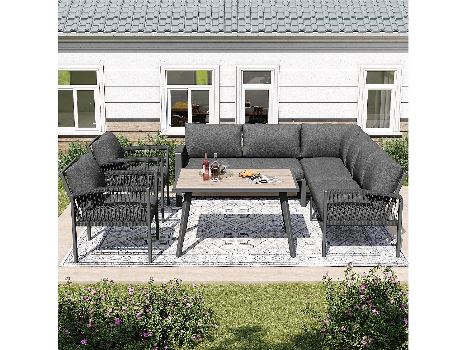 8-Seater Garden Dining Set, Rope, 1 Table with Wood Grain Finish, Galvanized Iron, Corner Sofa - 2 Armchairs, Gray