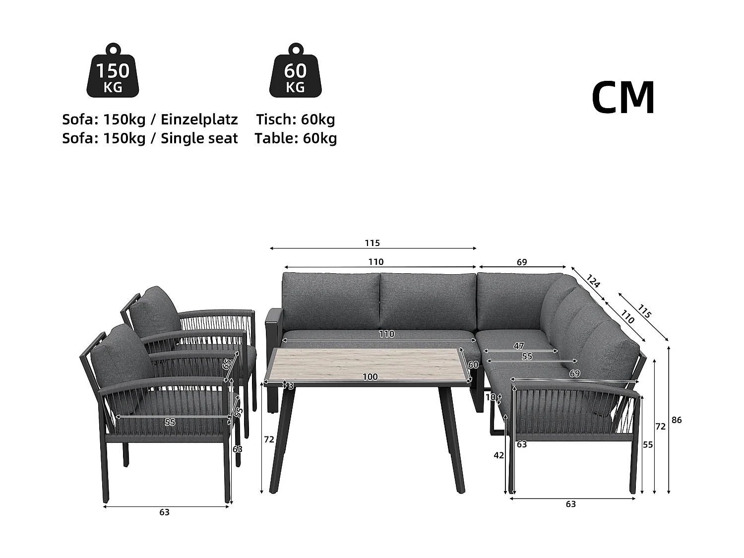 8-Seater Garden Dining Set, Rope, 1 Table with Wood Grain Finish, Galvanized Iron, Corner Sofa - 2 Armchairs, Gray
