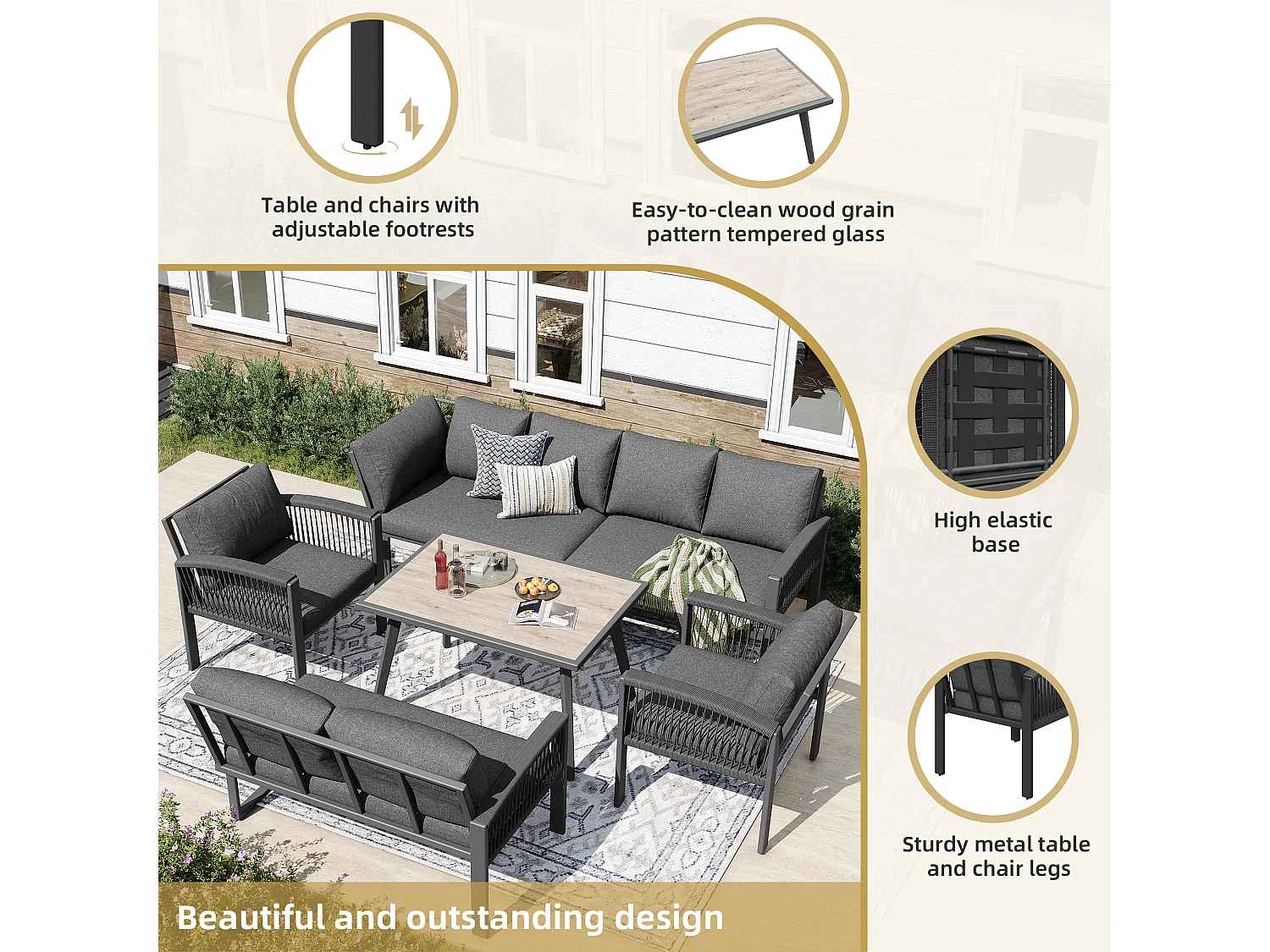 8-Seater Garden Dining Set, Rope, 1 Table with Wood Grain Finish, Galvanized Iron, Corner Sofa - 2 Armchairs, Gray