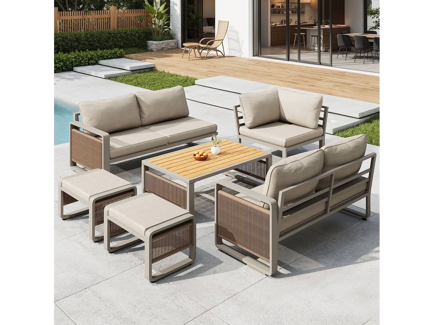 Garden lounge set, furniture set for 6-7 people - rope - corner sofa - galvanized iron - coffee table - 2 stools, Beige