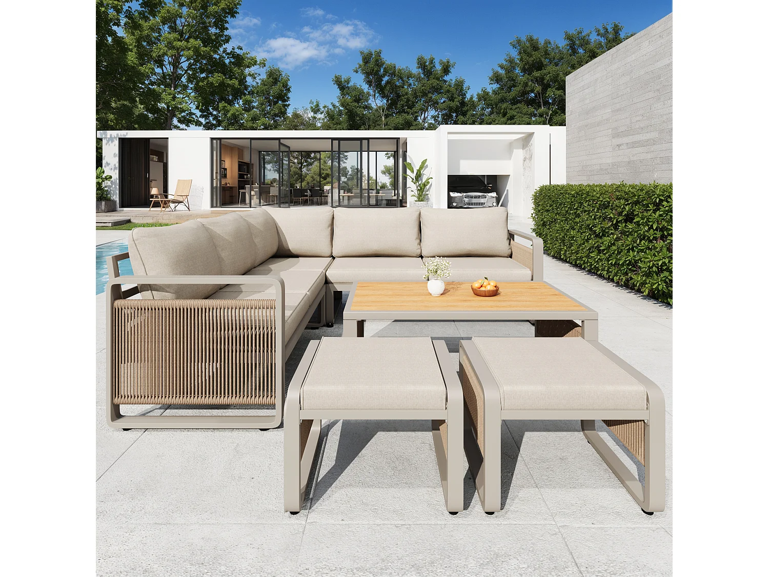 Garden lounge set, furniture set for 6-7 people - rope - corner sofa - galvanized iron - coffee table - 2 stools, Beige