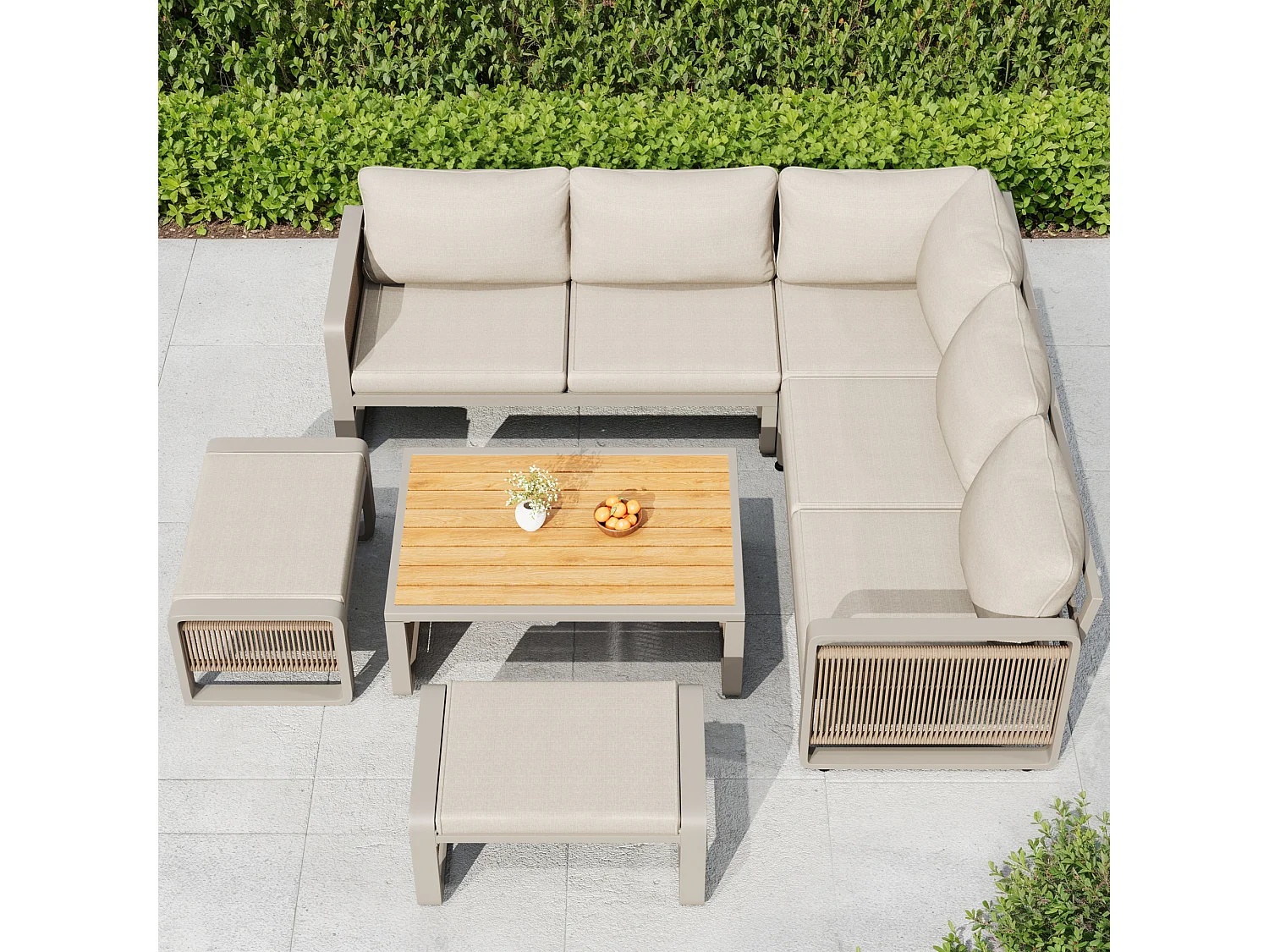 Garden lounge set, furniture set for 6-7 people - rope - corner sofa - galvanized iron - coffee table - 2 stools, Beige