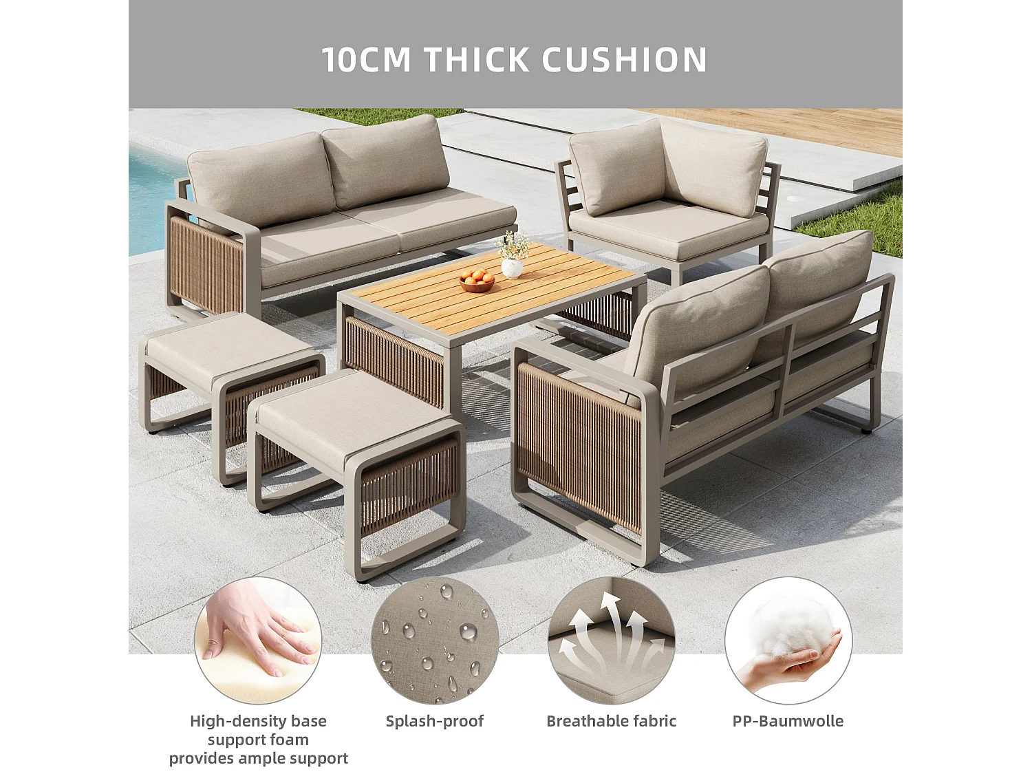 Garden lounge set, furniture set for 6-7 people - rope - corner sofa - galvanized iron - coffee table - 2 stools, Beige