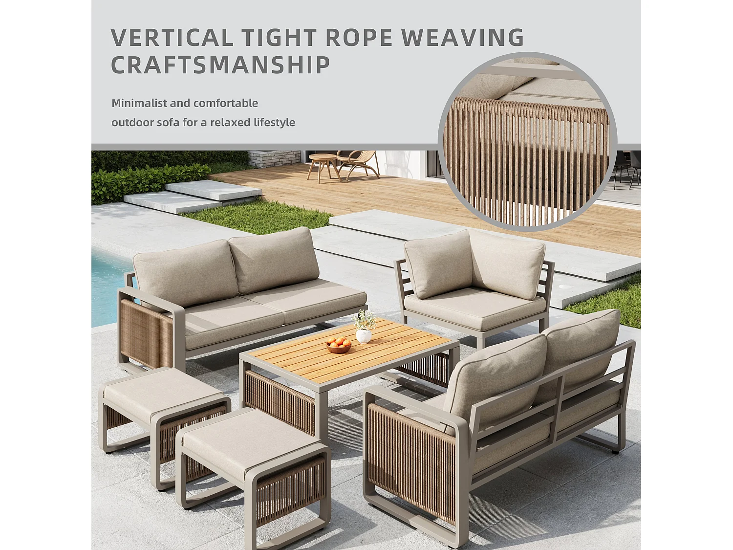 Garden lounge set, furniture set for 6-7 people - rope - corner sofa - galvanized iron - coffee table - 2 stools, Beige