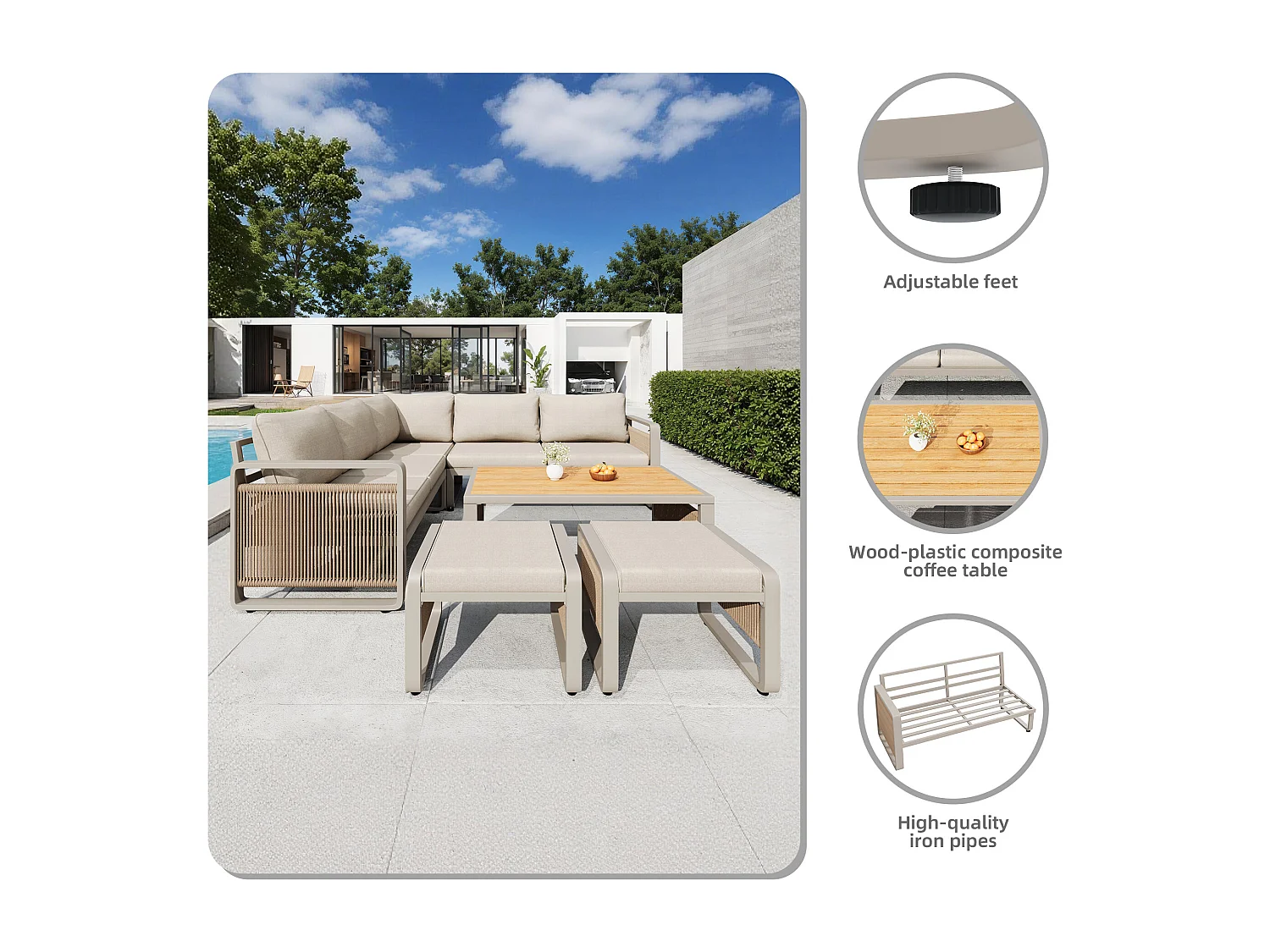 Garden lounge set, furniture set for 6-7 people - rope - corner sofa - galvanized iron - coffee table - 2 stools, Beige