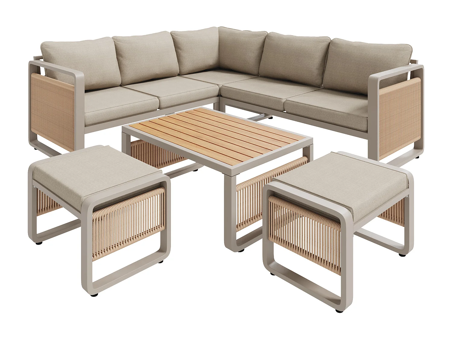 Garden lounge set, furniture set for 6-7 people - rope - corner sofa - galvanized iron - coffee table - 2 stools, Beige
