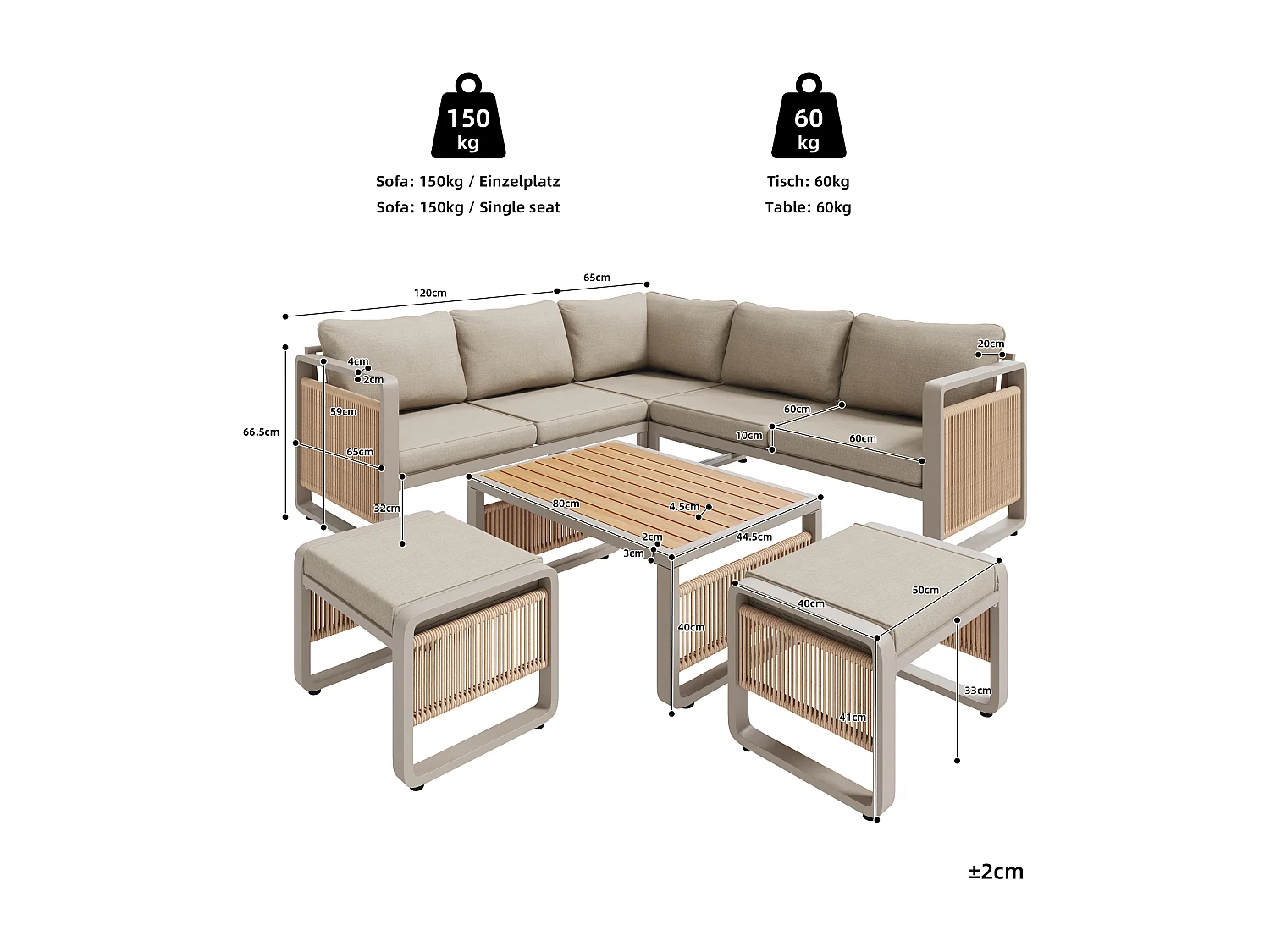 Garden lounge set, furniture set for 6-7 people - rope - corner sofa - galvanized iron - coffee table - 2 stools, Beige