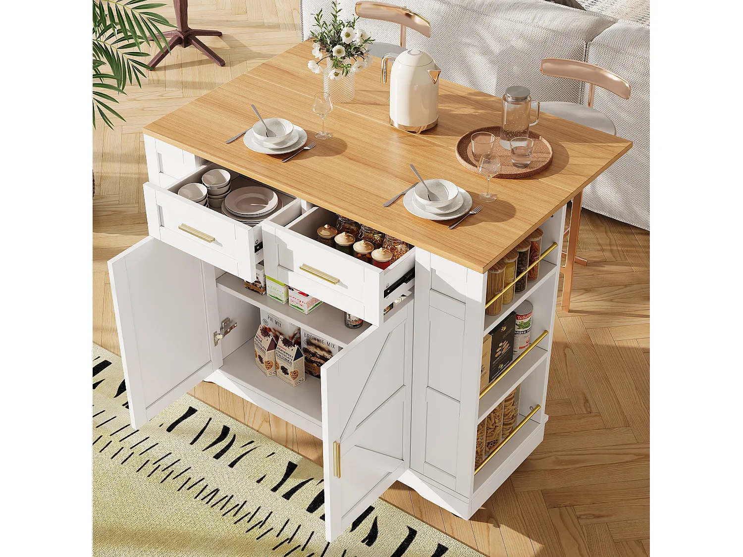 Mobile kitchen island - extendable top - 2 drawers and 2 doors - with open shelves - MDF - white + natural