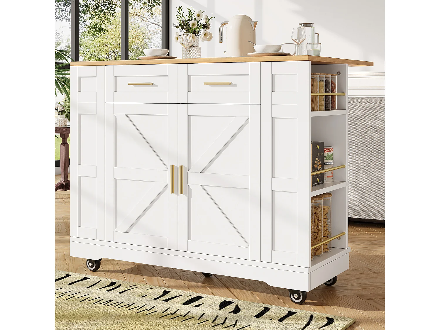 Mobile kitchen island - extendable top - 2 drawers and 2 doors - with open shelves - MDF - white + natural