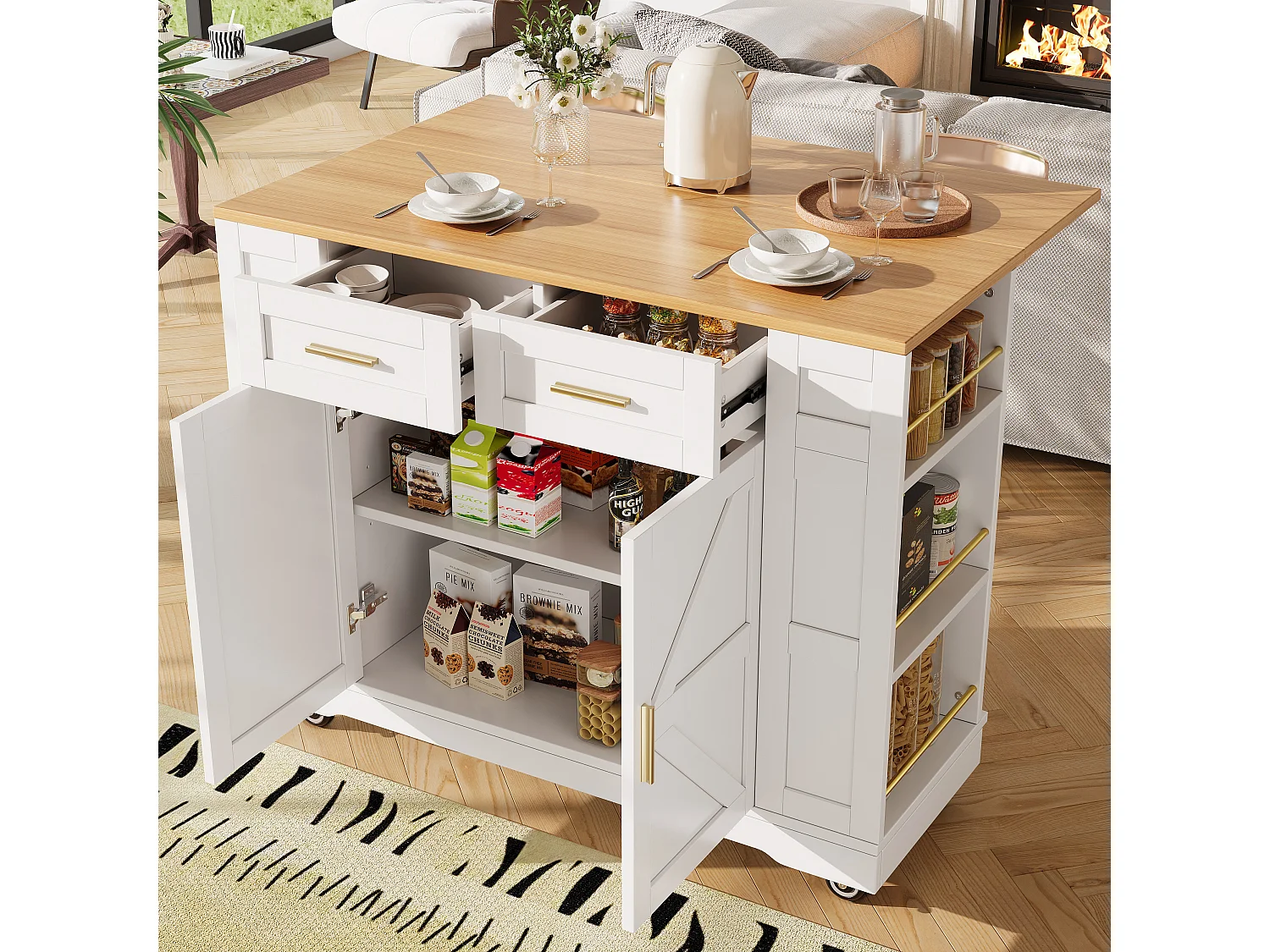 Mobile kitchen island - extendable top - 2 drawers and 2 doors - with open shelves - MDF - white + natural