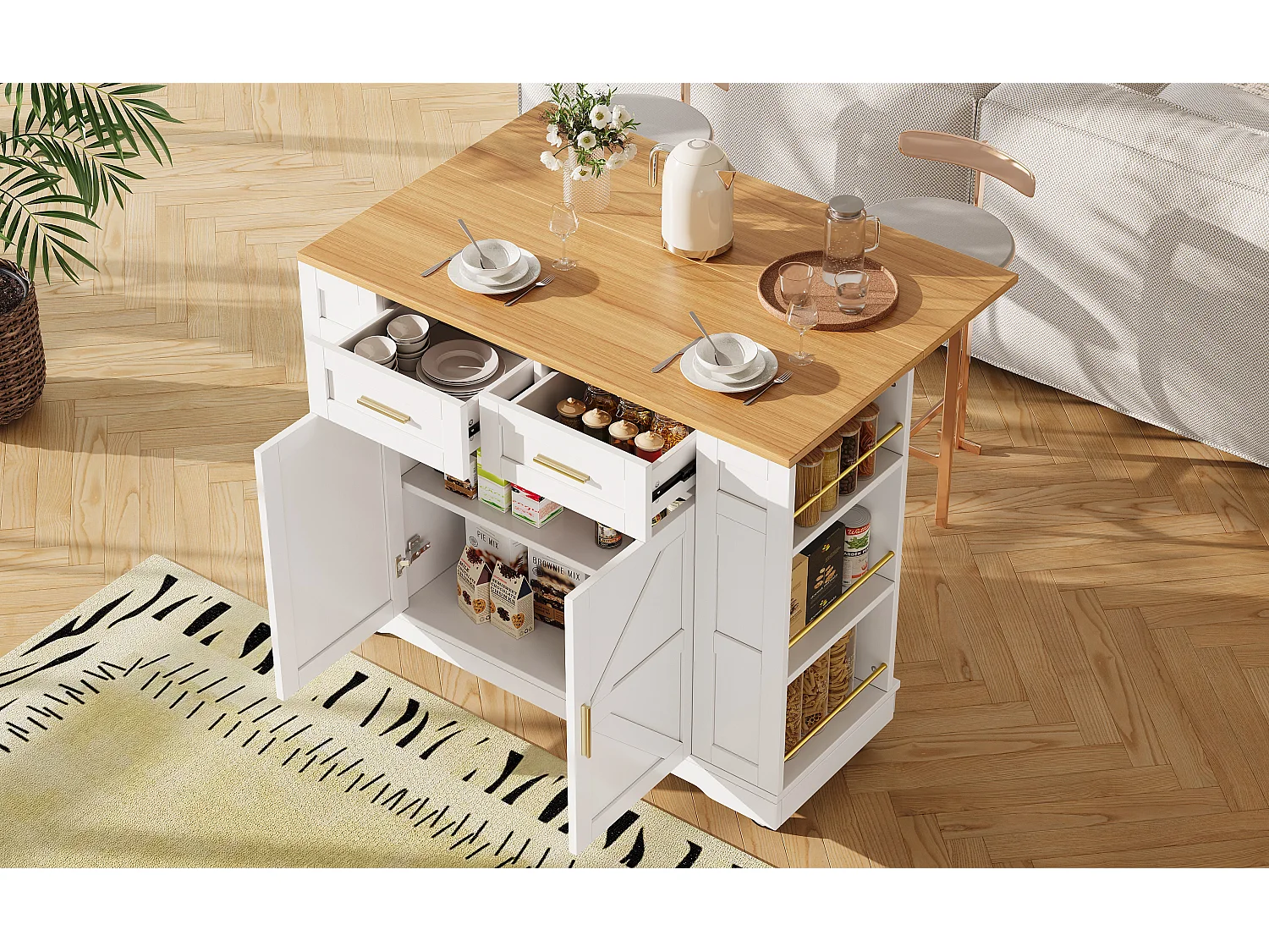 Mobile kitchen island - extendable top - 2 drawers and 2 doors - with open shelves - MDF - white + natural
