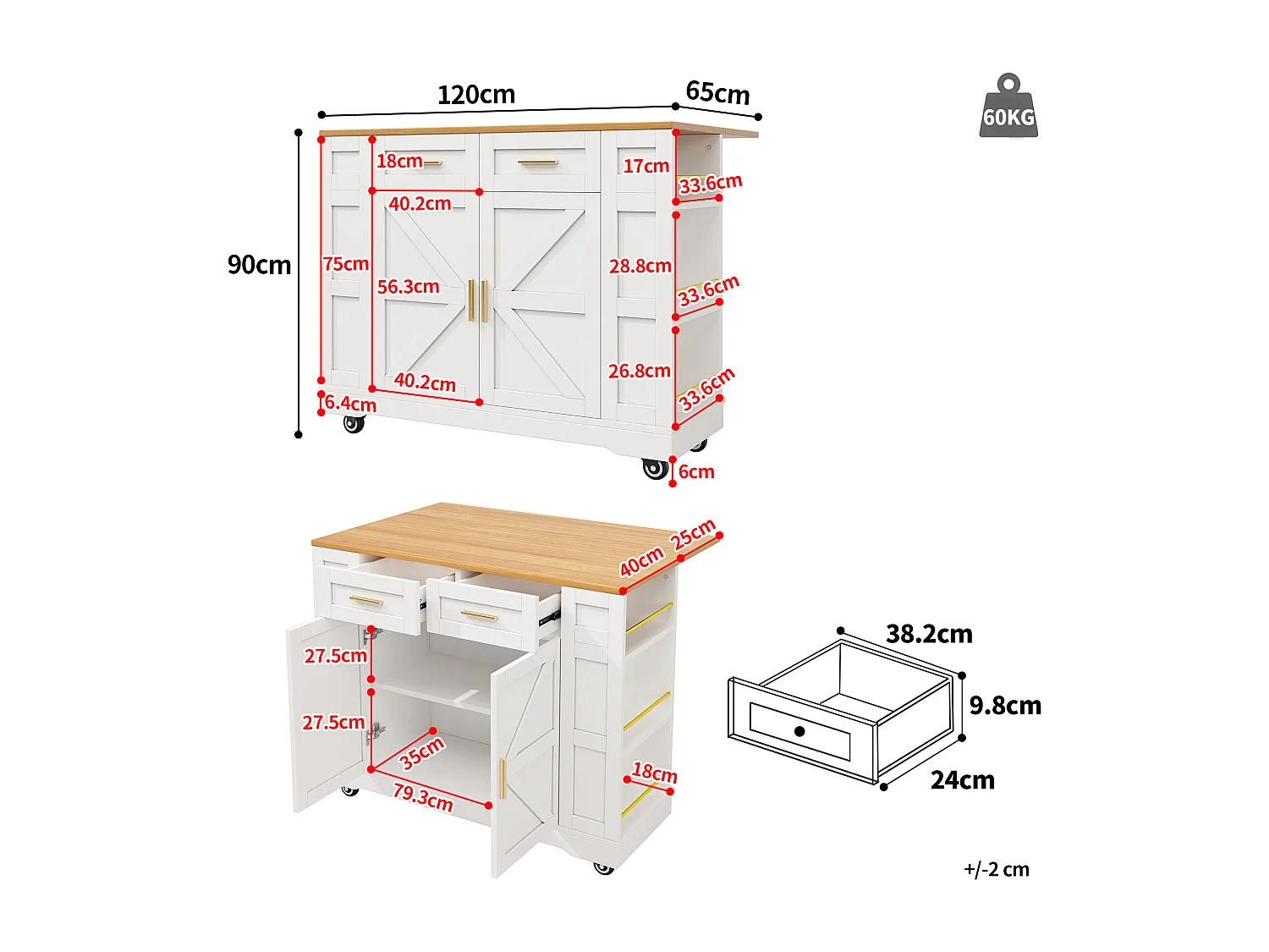 Mobile kitchen island - extendable top - 2 drawers and 2 doors - with open shelves - MDF - white + natural