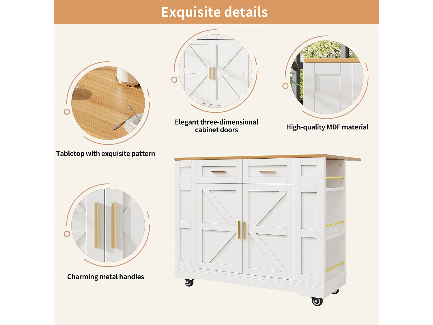 Mobile kitchen island - extendable top - 2 drawers and 2 doors - with open shelves - MDF - white + natural