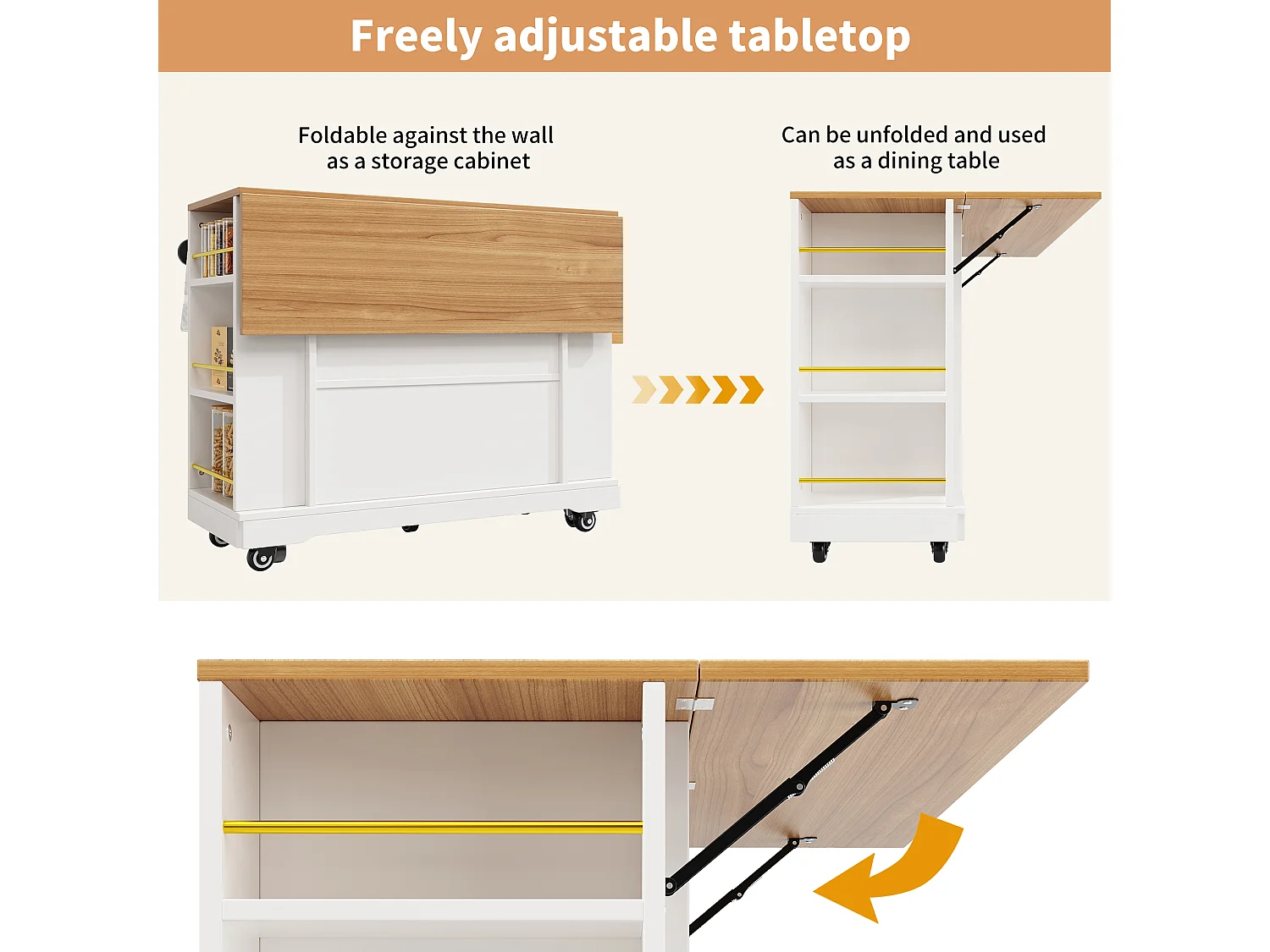 Mobile kitchen island - extendable top - 2 drawers and 2 doors - with open shelves - MDF - white + natural