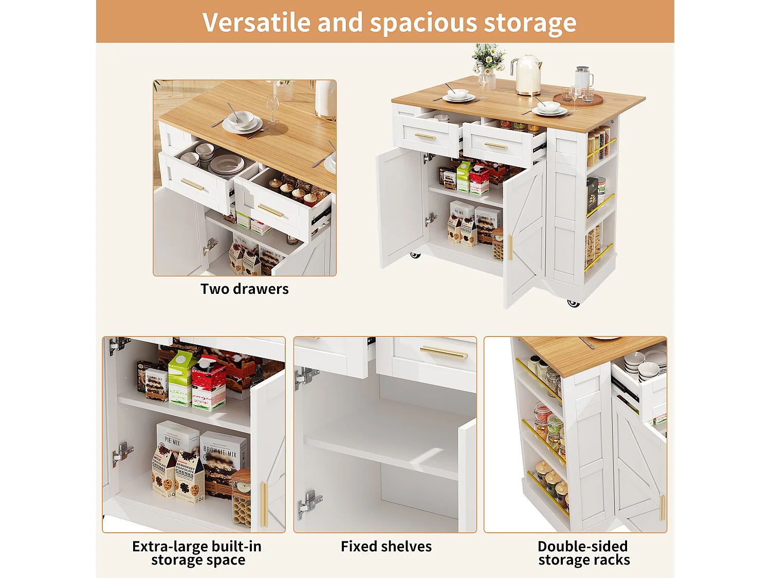 Mobile kitchen island - extendable top - 2 drawers and 2 doors - with open shelves - MDF - white + natural