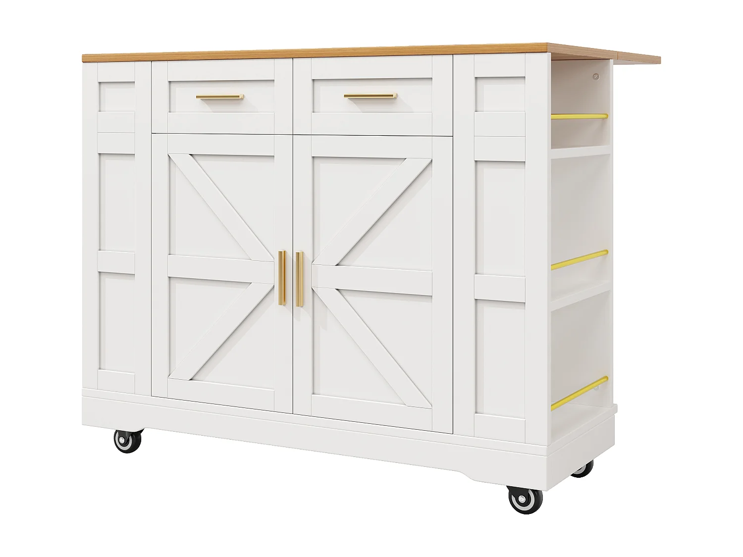 Mobile kitchen island - extendable top - 2 drawers and 2 doors - with open shelves - MDF - white + natural