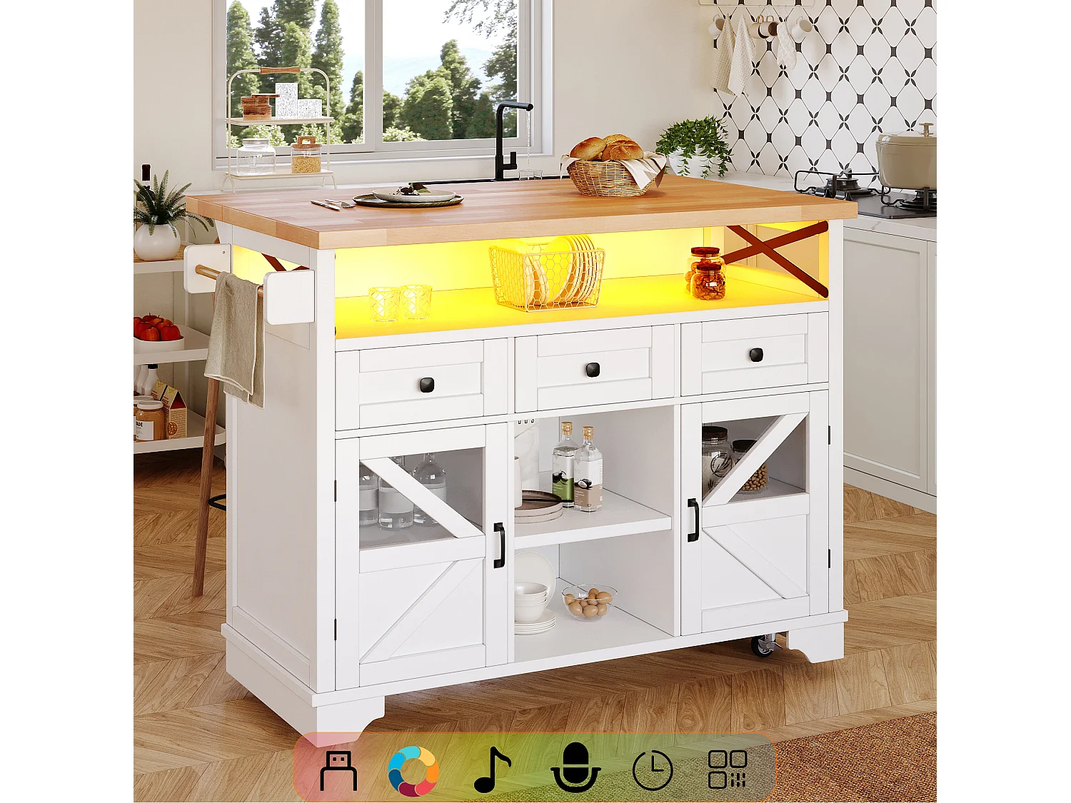 Mobile Kitchen Island - Extendable Top - 120x71x98cm - with LED Lighting - 2 Doors and 3 Drawers - Open Shelves - White