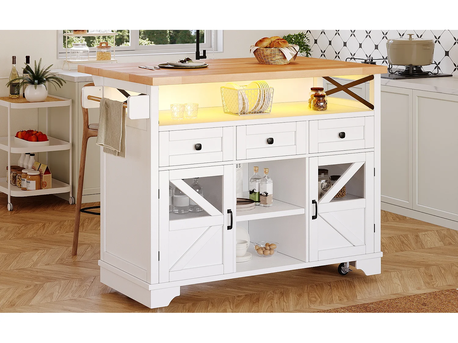 Mobile Kitchen Island - Extendable Top - 120x71x98cm - with LED Lighting - 2 Doors and 3 Drawers - Open Shelves - White