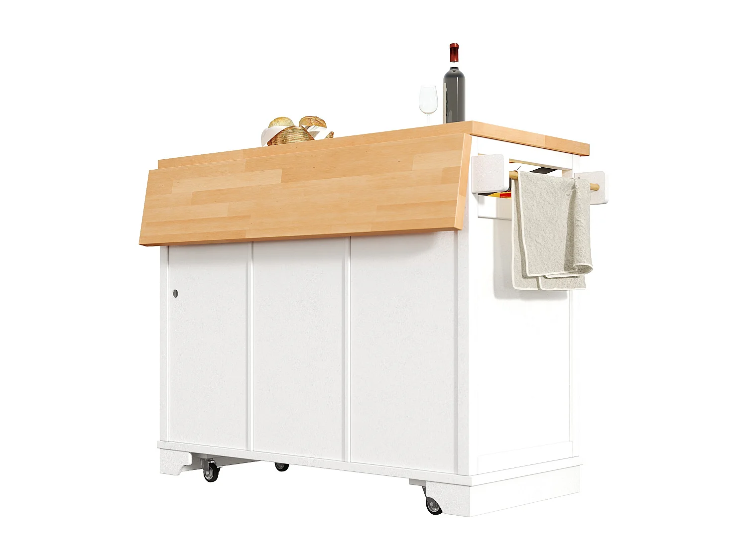 Mobile Kitchen Island - Extendable Top - 120x71x98cm - with LED Lighting - 2 Doors and 3 Drawers - Open Shelves - White
