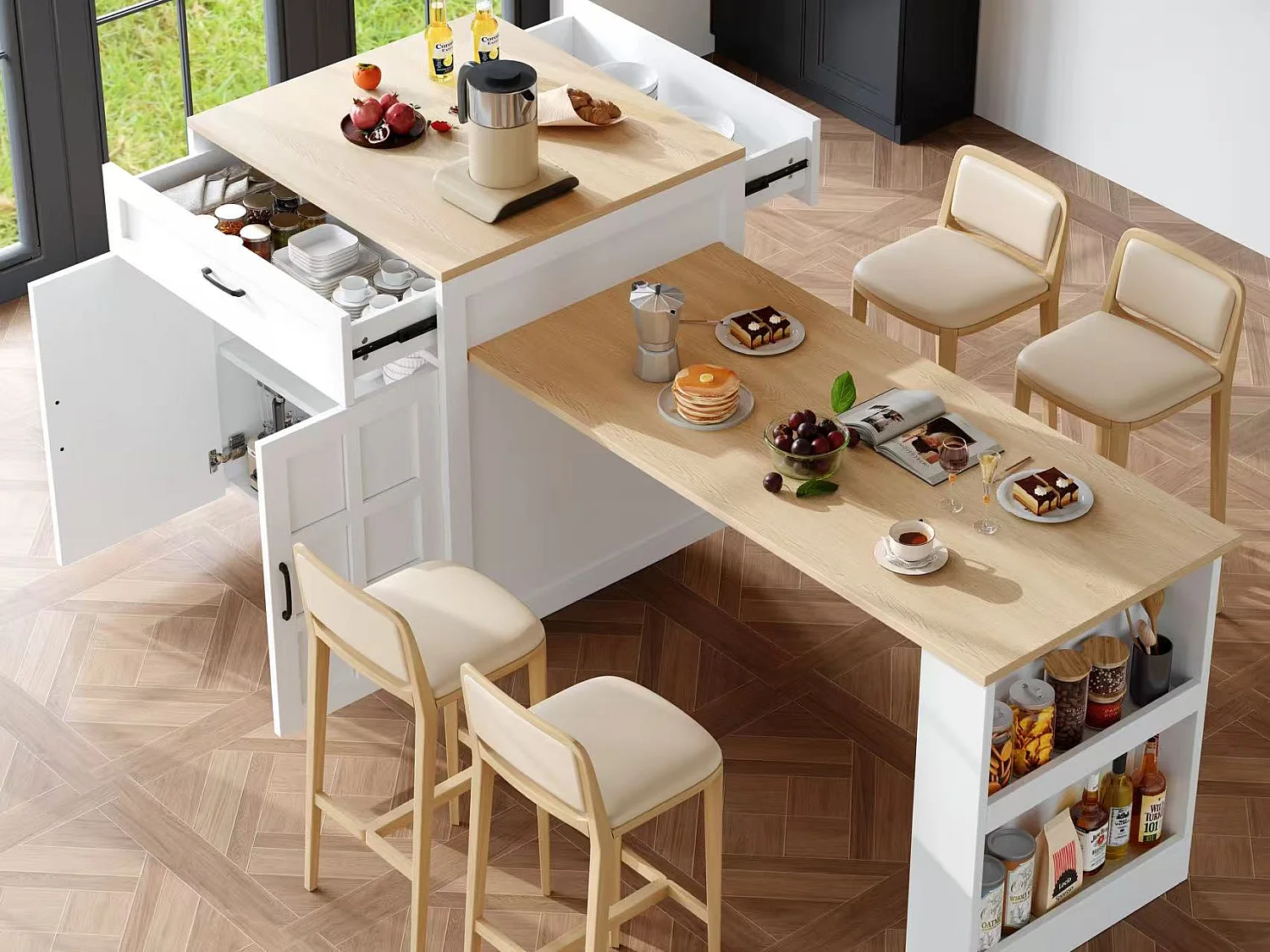 Kitchen island with 2 doors and 2 drawers - Extendable top - 133(202)x59x93.5 cm - Seats 2 to 6 - White and natural finish