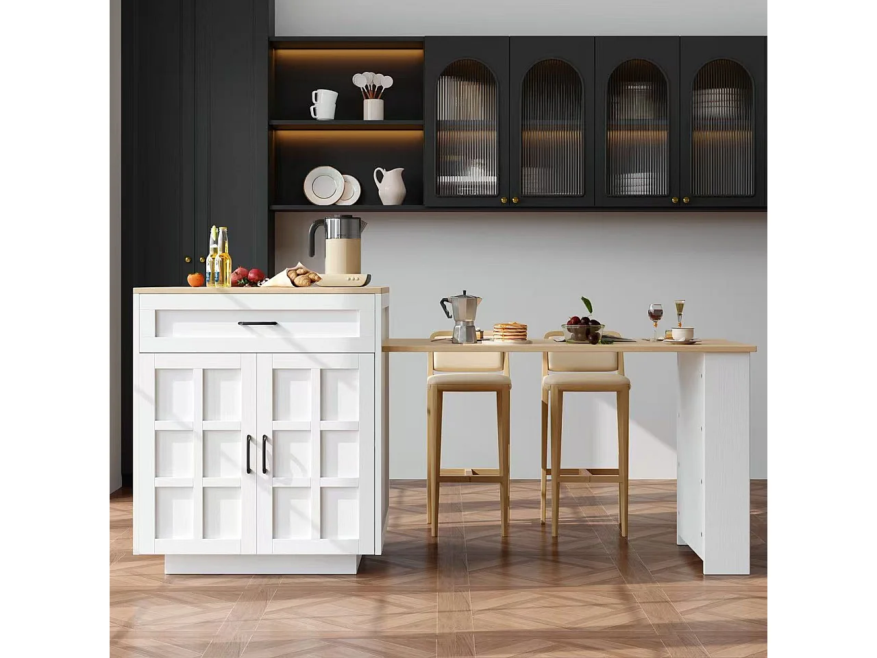 Kitchen island with 2 doors and 2 drawers - Extendable top - 133(202)x59x93.5 cm - Seats 2 to 6 - White and natural finish