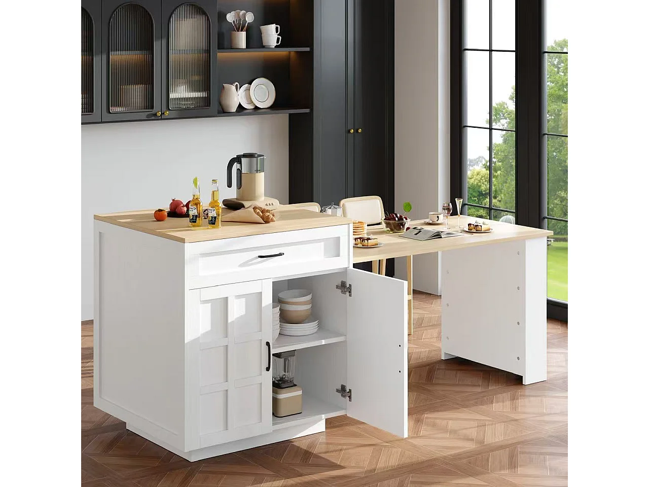 Kitchen island with 2 doors and 2 drawers - Extendable top - 133(202)x59x93.5 cm - Seats 2 to 6 - White and natural finish