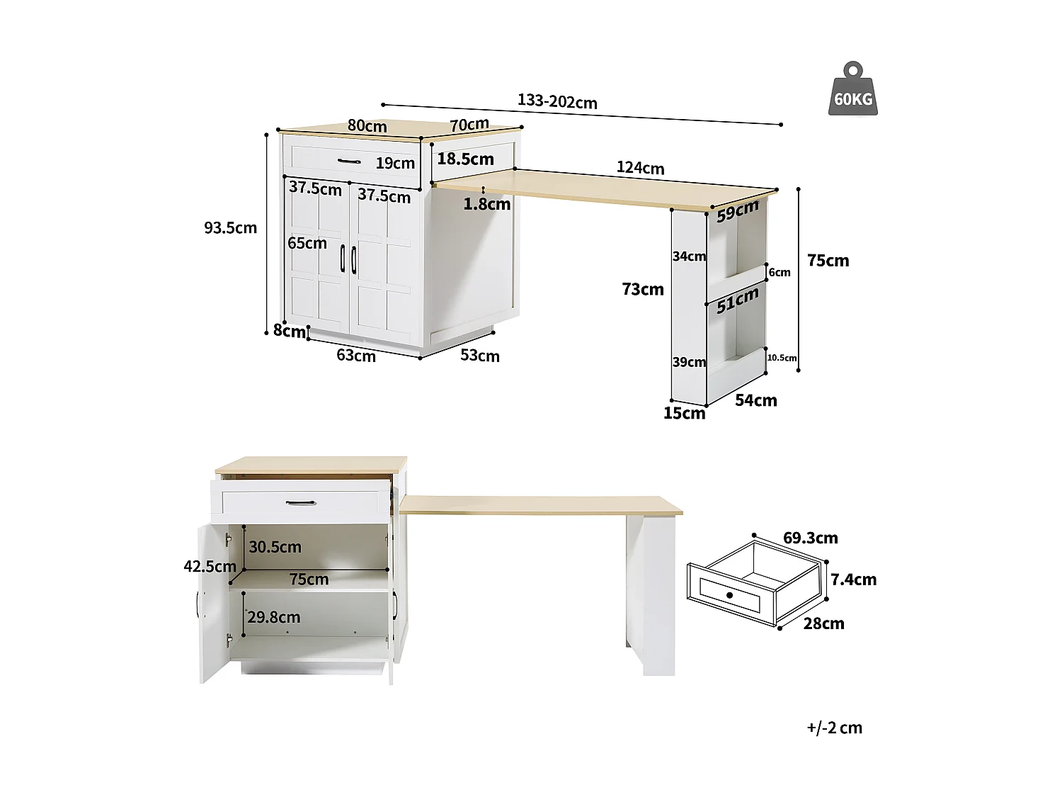 Kitchen island with 2 doors and 2 drawers - Extendable top - 133(202)x59x93.5 cm - Seats 2 to 6 - White and natural finish