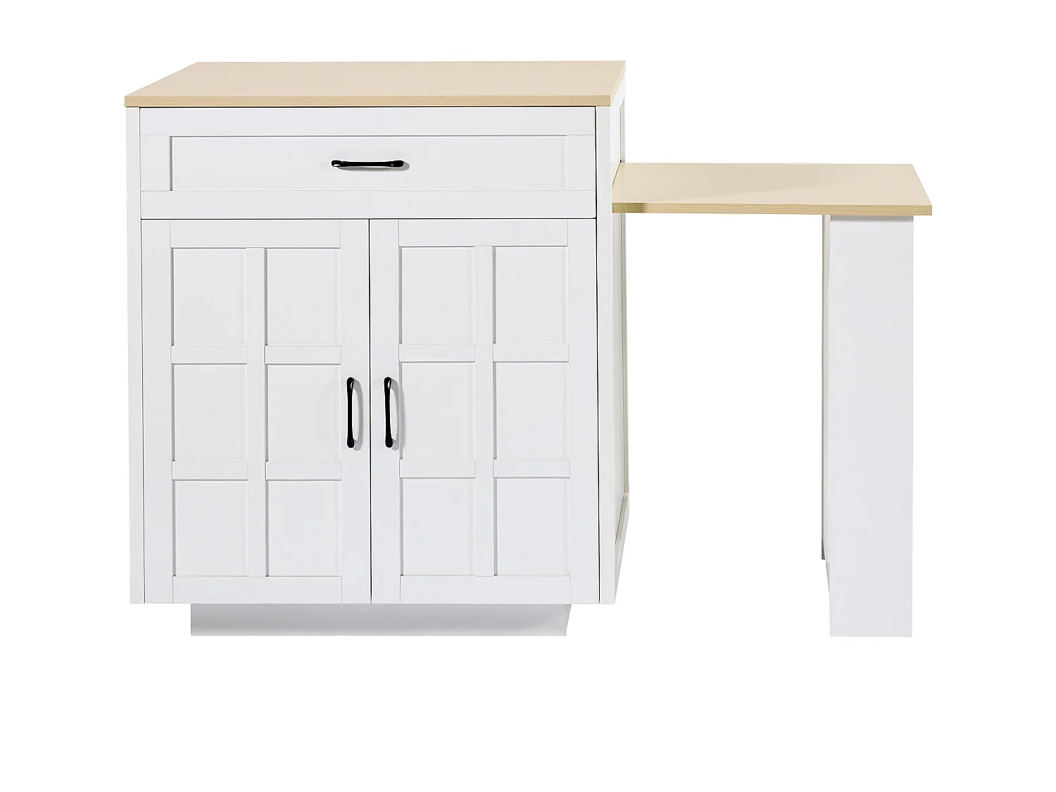 Kitchen island with 2 doors and 2 drawers - Extendable top - 133(202)x59x93.5 cm - Seats 2 to 6 - White and natural finish