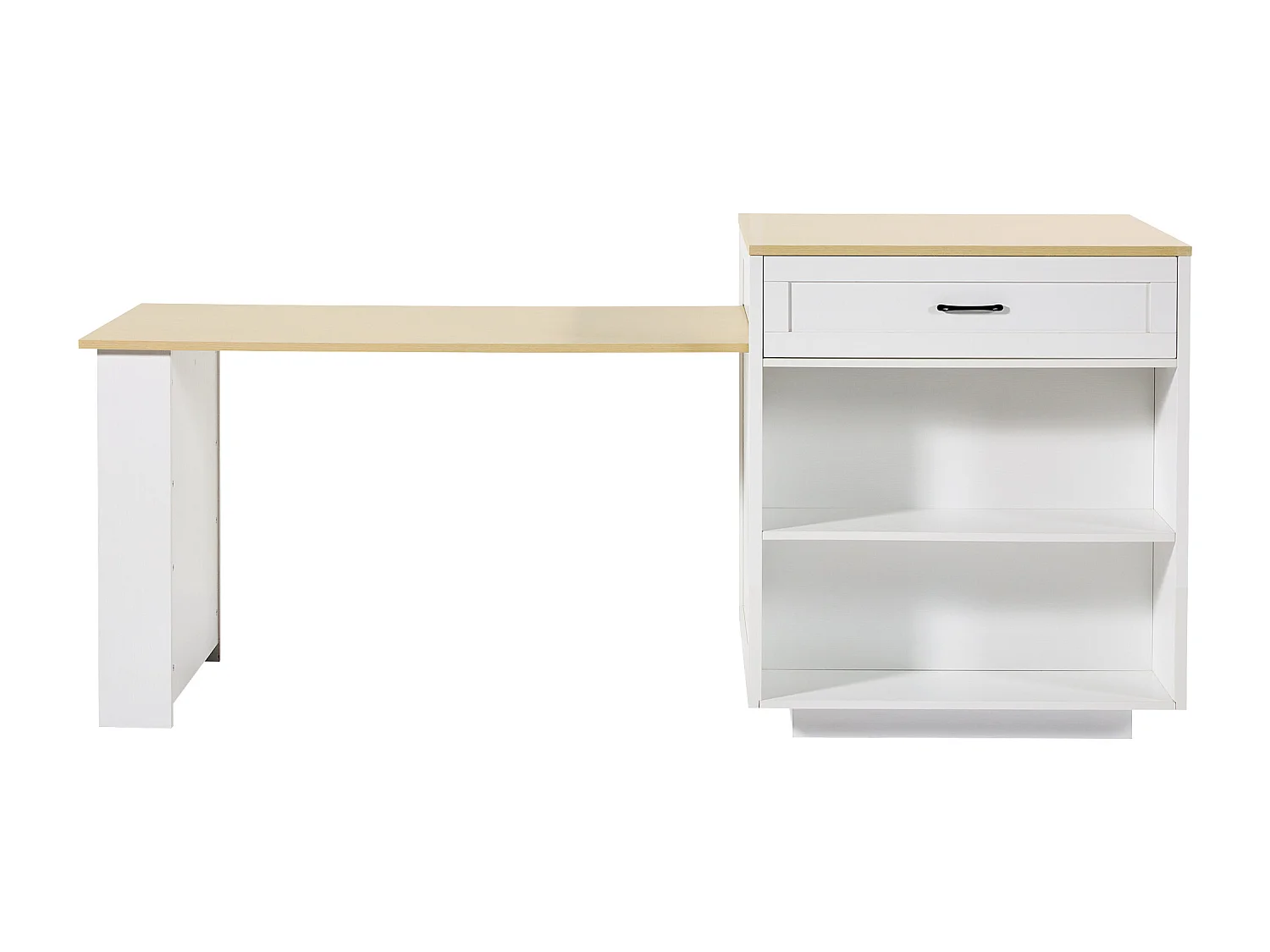 Kitchen island with 2 doors and 2 drawers - Extendable top - 133(202)x59x93.5 cm - Seats 2 to 6 - White and natural finish