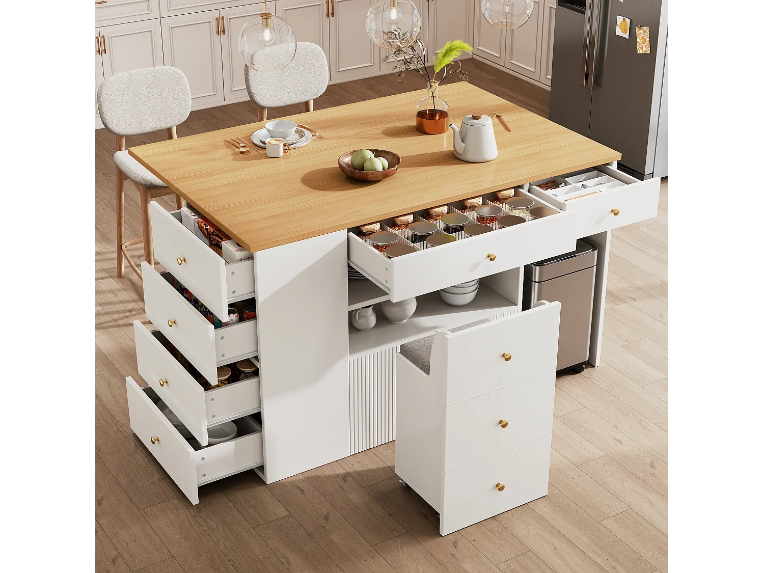 Kitchen Island - Extendable Top - 140x70x89cm - 3 Doors and 6 Drawers - with Stools - MDF - White