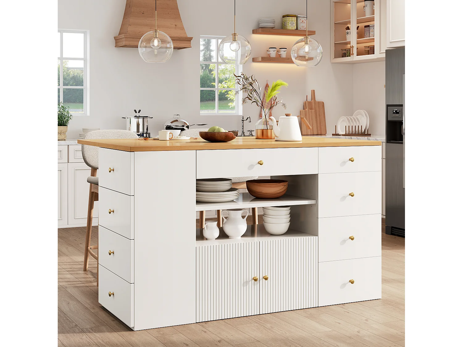Kitchen Island - Extendable Top - 140x70x89cm - 3 Doors and 6 Drawers - with Stools - MDF - White