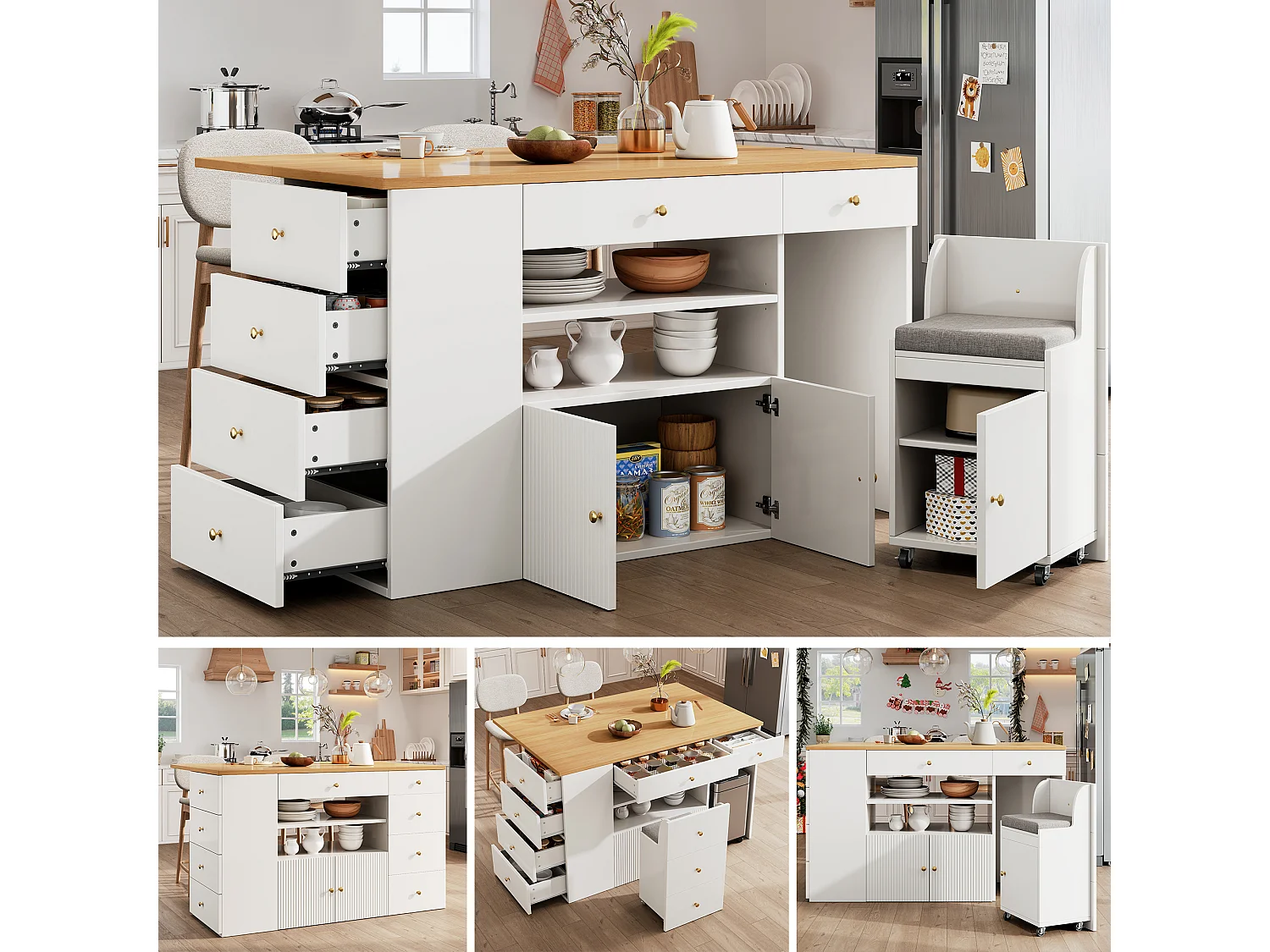 Kitchen Island - Extendable Top - 140x70x89cm - 3 Doors and 6 Drawers - with Stools - MDF - White