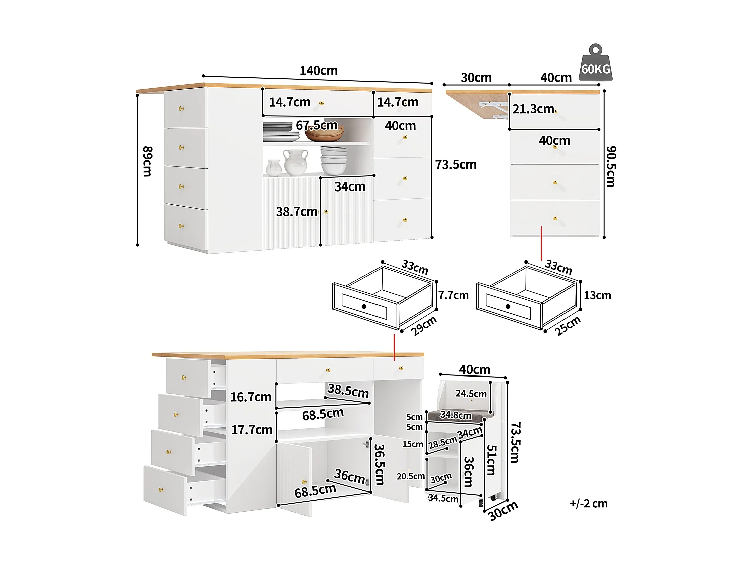 Kitchen Island - Extendable Top - 140x70x89cm - 3 Doors and 6 Drawers - with Stools - MDF - White