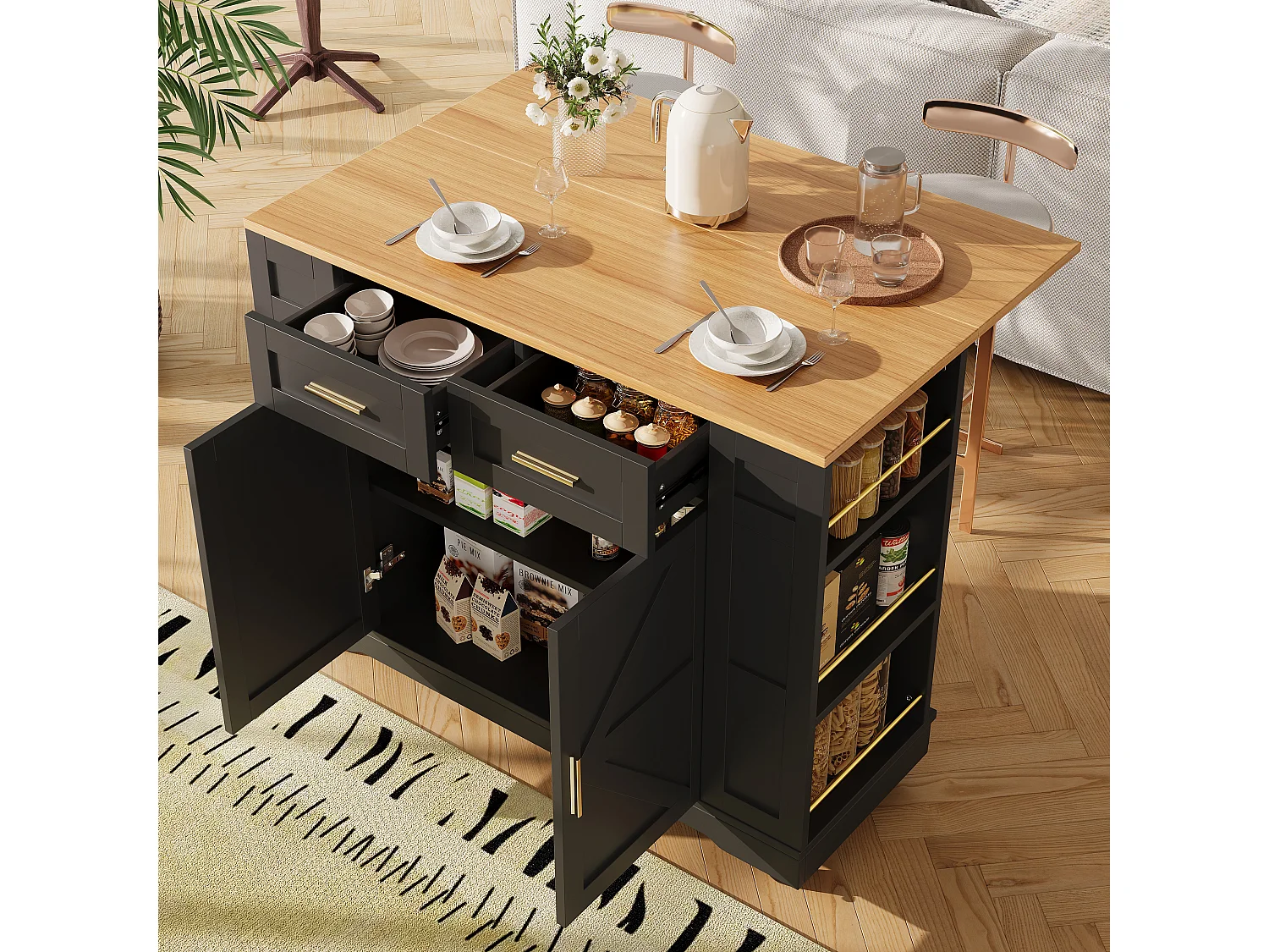 Mobile kitchen island - extendable top - 2 drawers and 2 doors - with open shelves - MDF - black + natural
