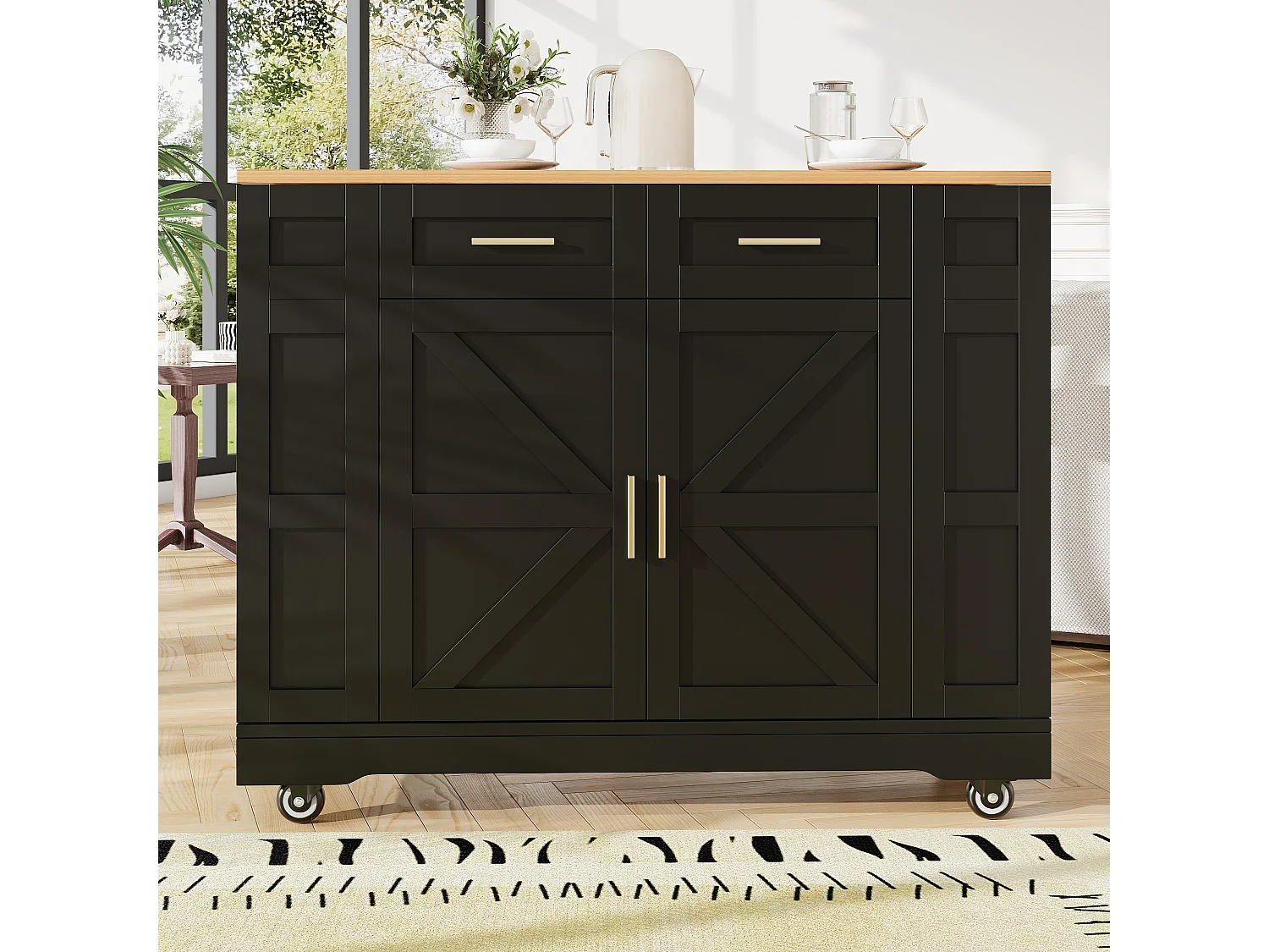 Mobile kitchen island - extendable top - 2 drawers and 2 doors - with open shelves - MDF - black + natural