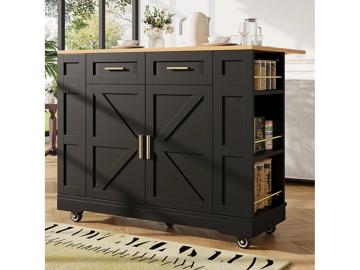 Mobile kitchen island - extendable top - 2 drawers and 2 doors - with open shelves - MDF - black + natural