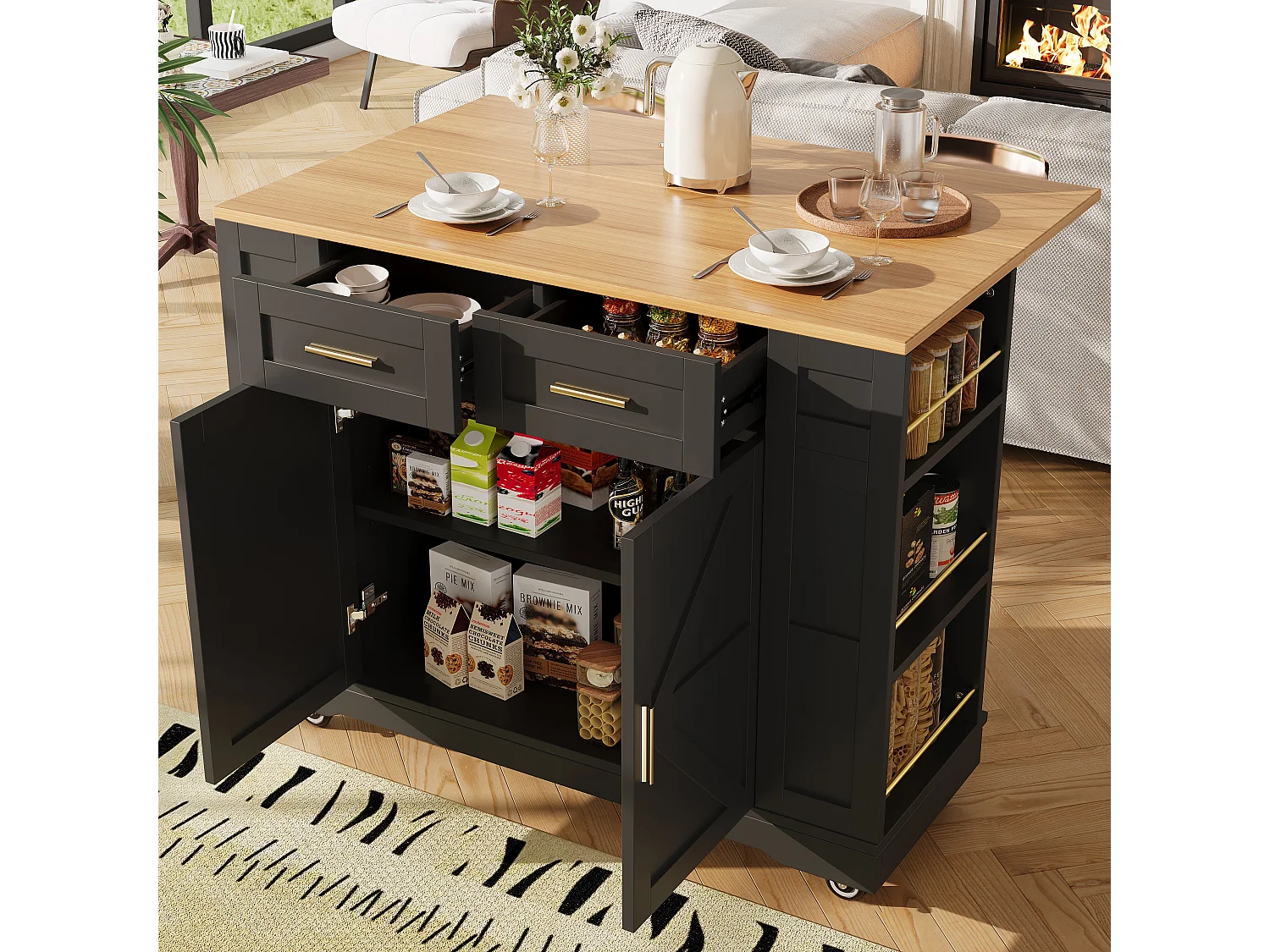Mobile kitchen island - extendable top - 2 drawers and 2 doors - with open shelves - MDF - black + natural