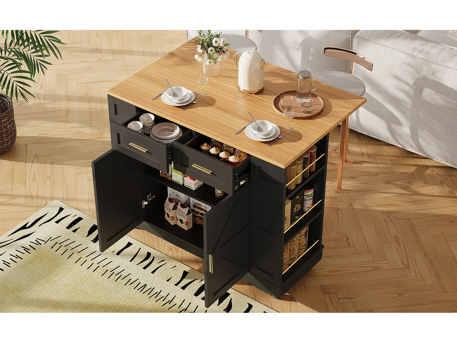 Mobile kitchen island - extendable top - 2 drawers and 2 doors - with open shelves - MDF - black + natural