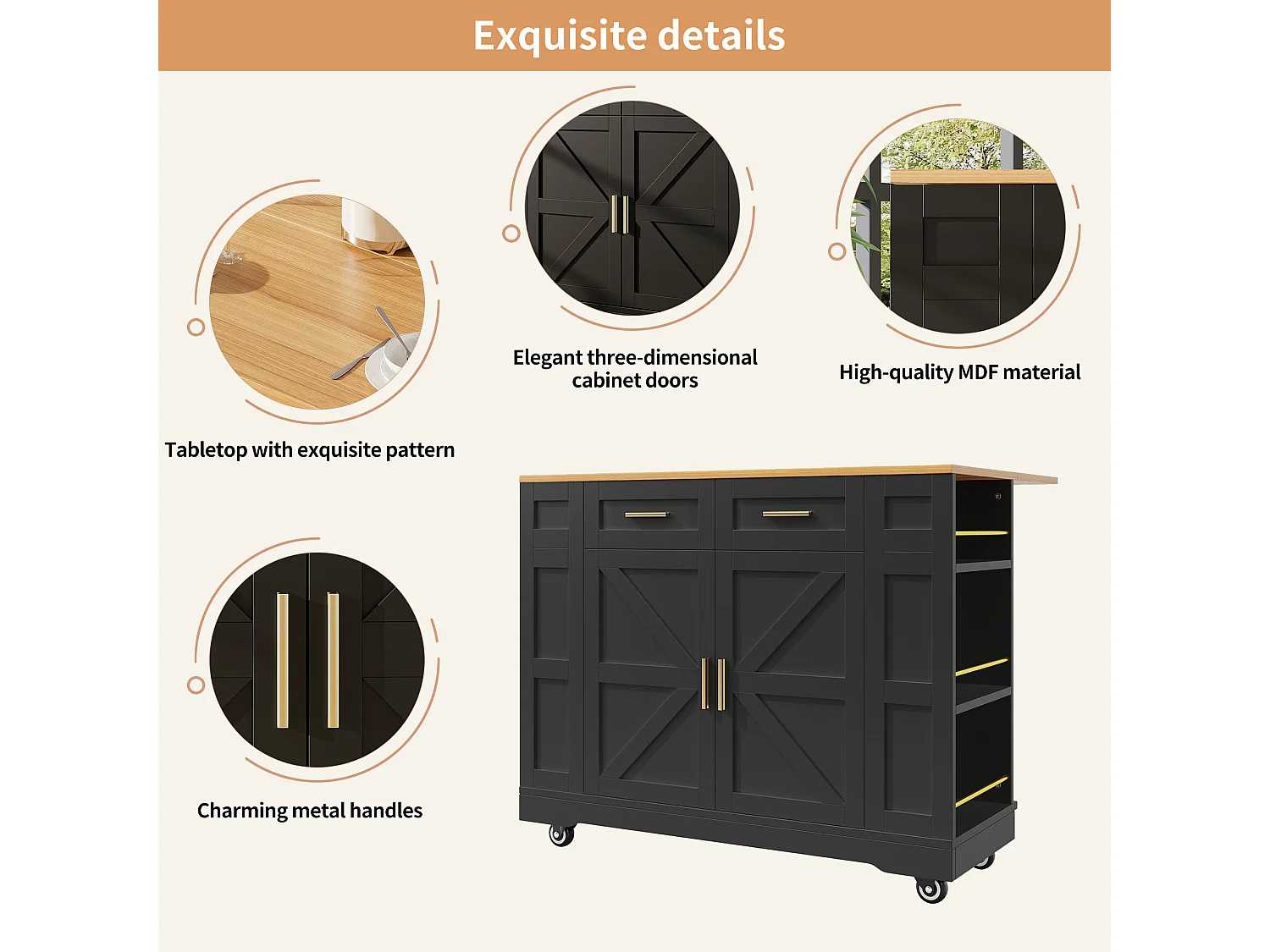 Mobile kitchen island - extendable top - 2 drawers and 2 doors - with open shelves - MDF - black + natural
