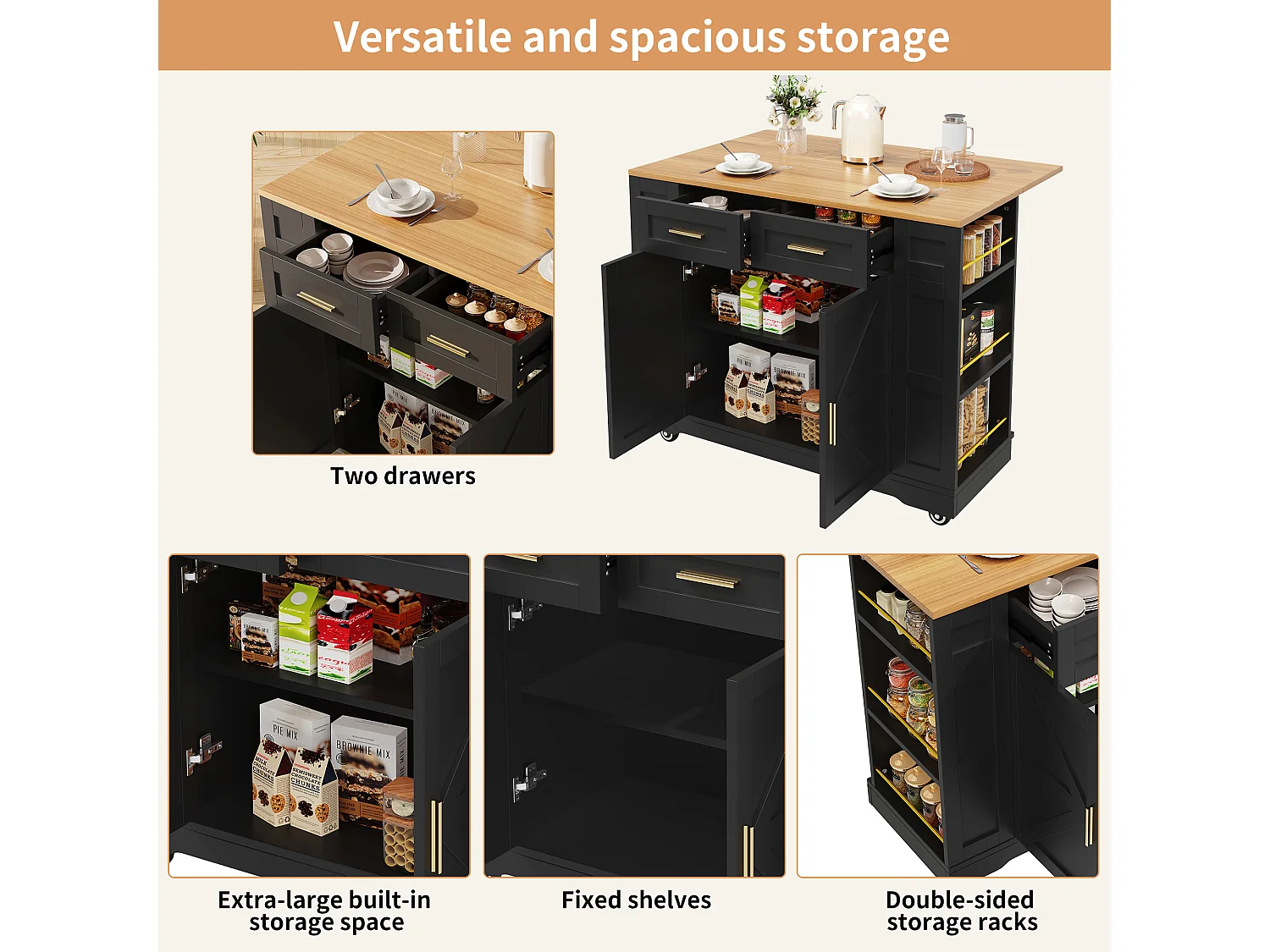 Mobile kitchen island - extendable top - 2 drawers and 2 doors - with open shelves - MDF - black + natural