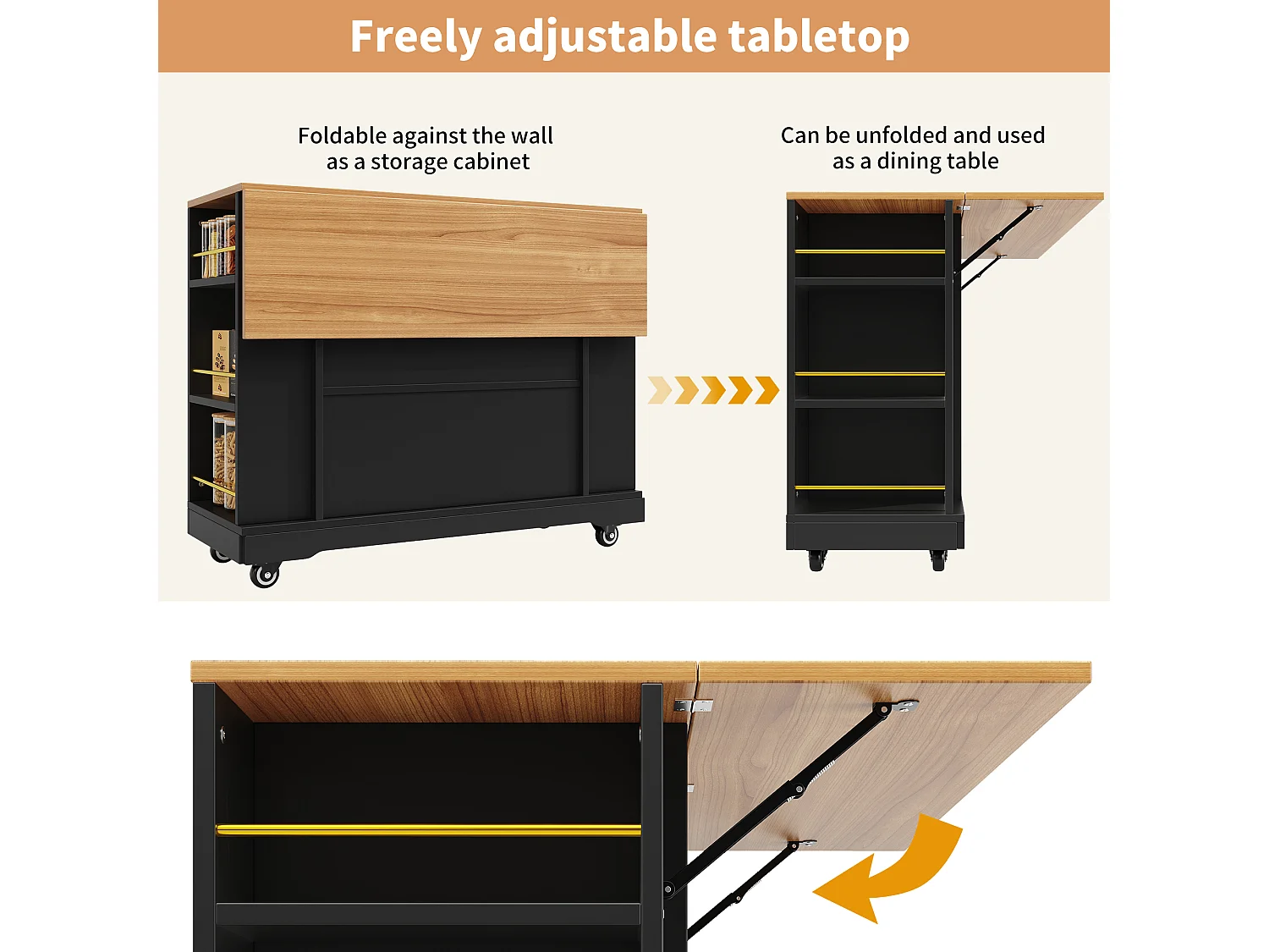 Mobile kitchen island - extendable top - 2 drawers and 2 doors - with open shelves - MDF - black + natural