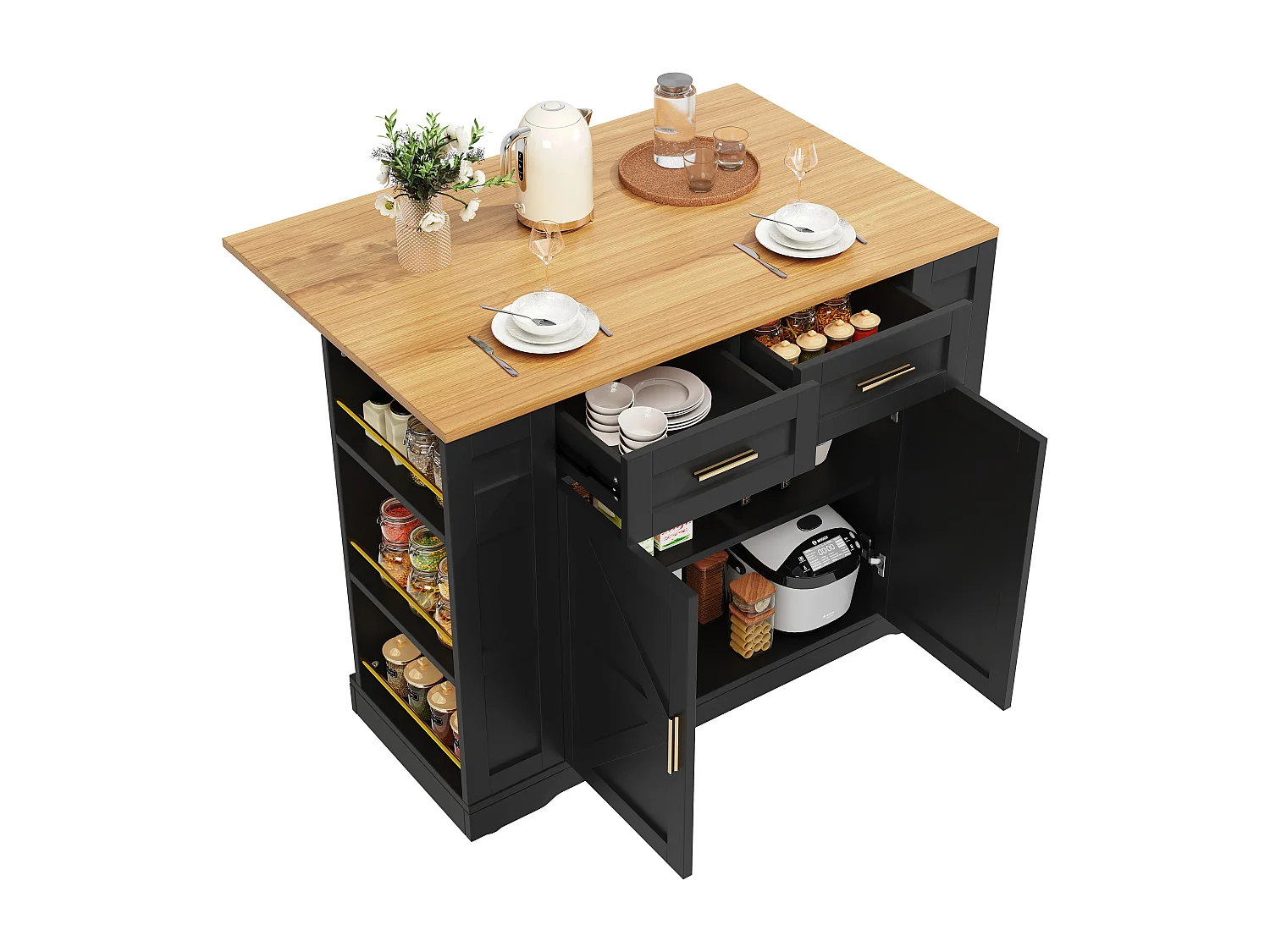 Mobile kitchen island - extendable top - 2 drawers and 2 doors - with open shelves - MDF - black + natural